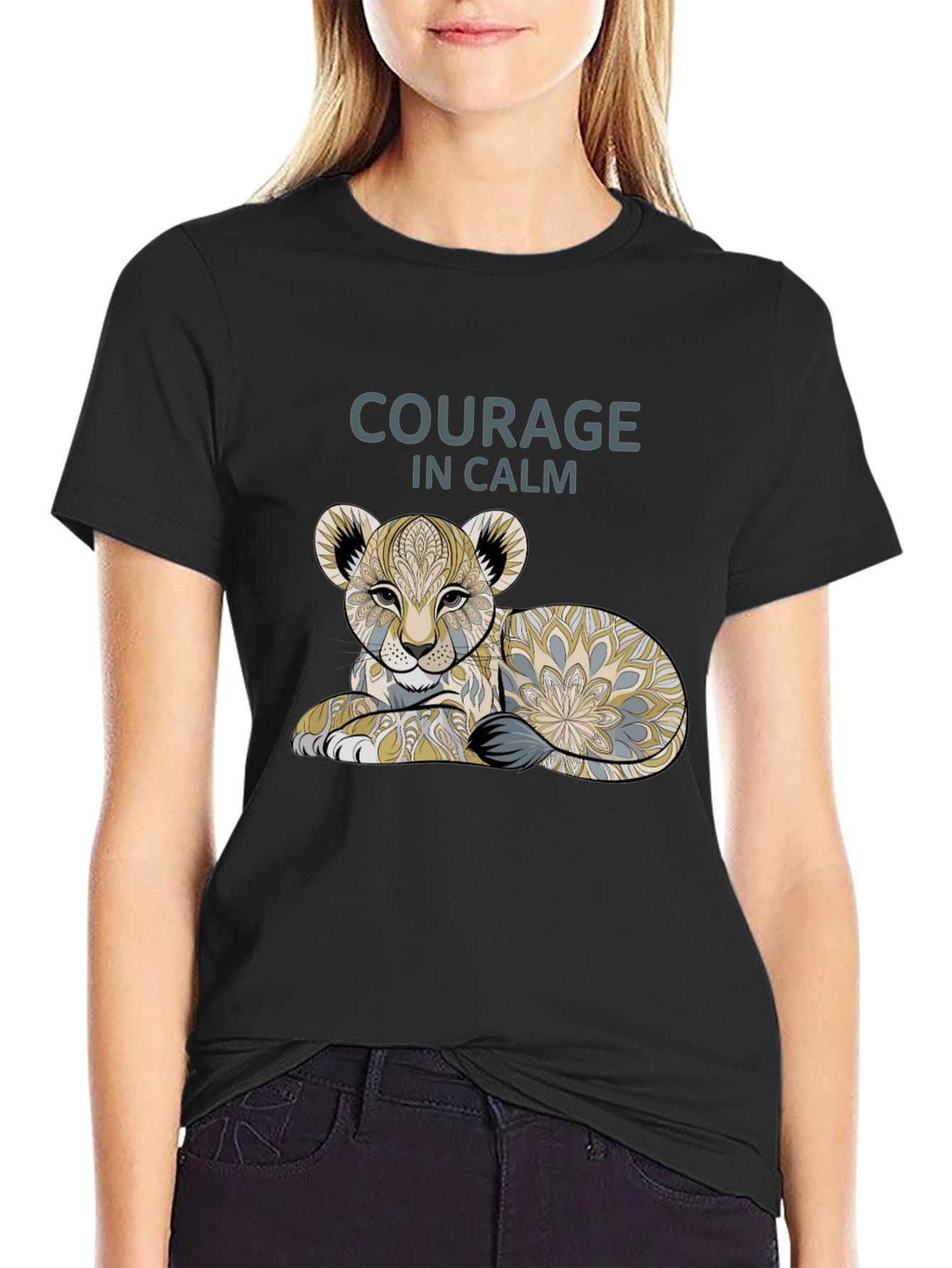 Courage in Calm Lion Cub Graphic Tee - Black