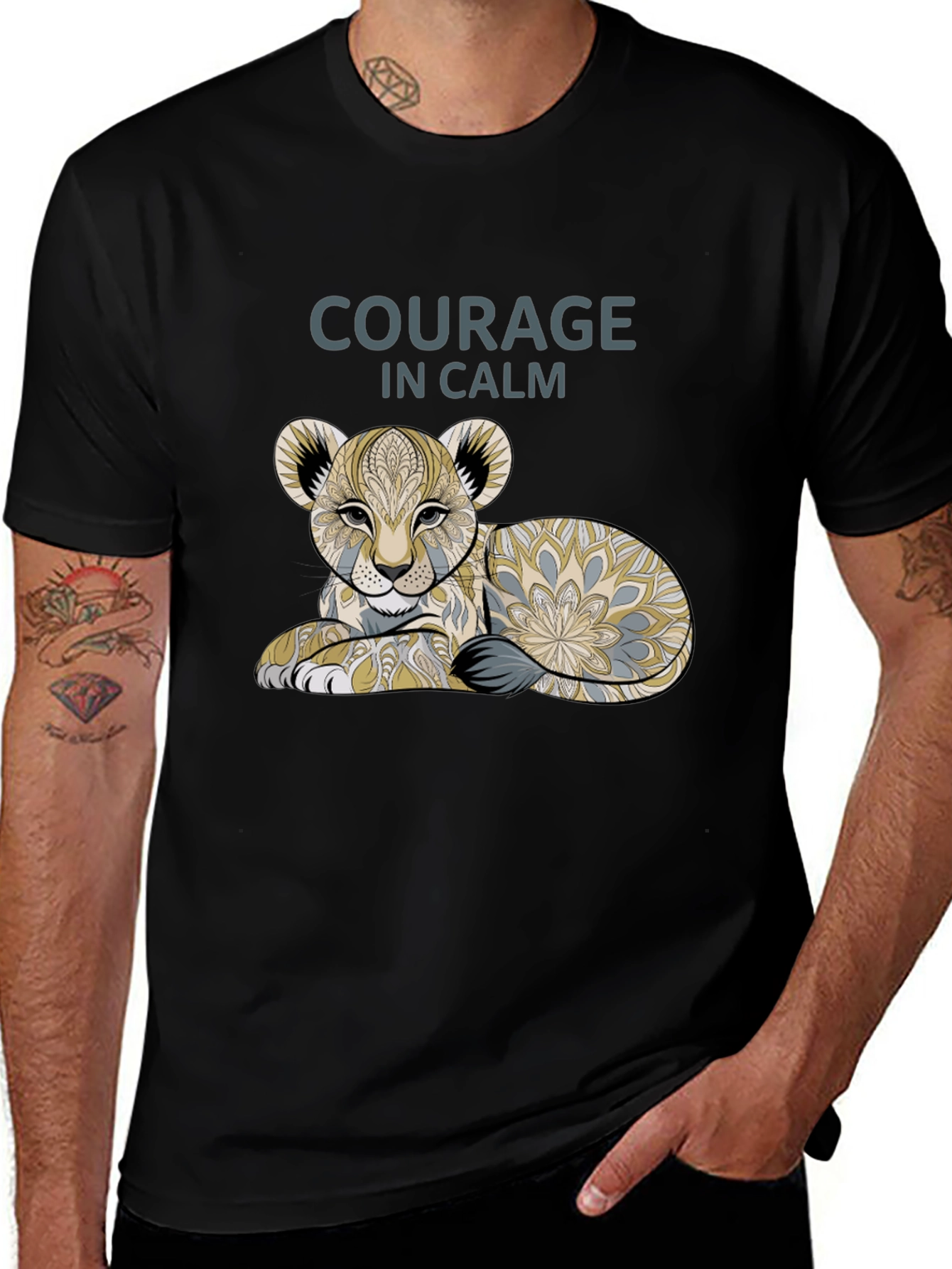 Courage in Calm Lion Cub Graphic Tee - Black