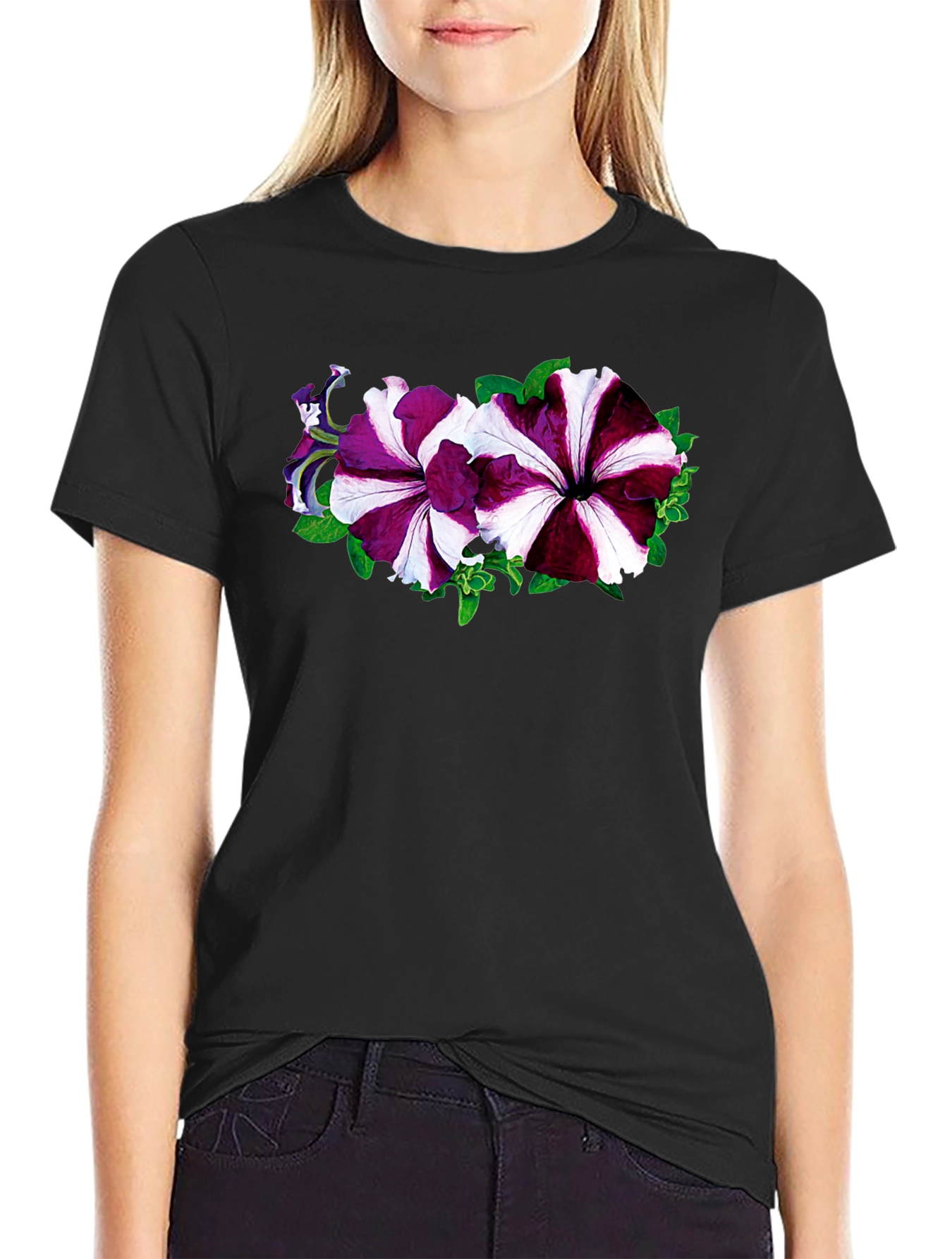 Floral Petunia Graphic Black T-Shirt