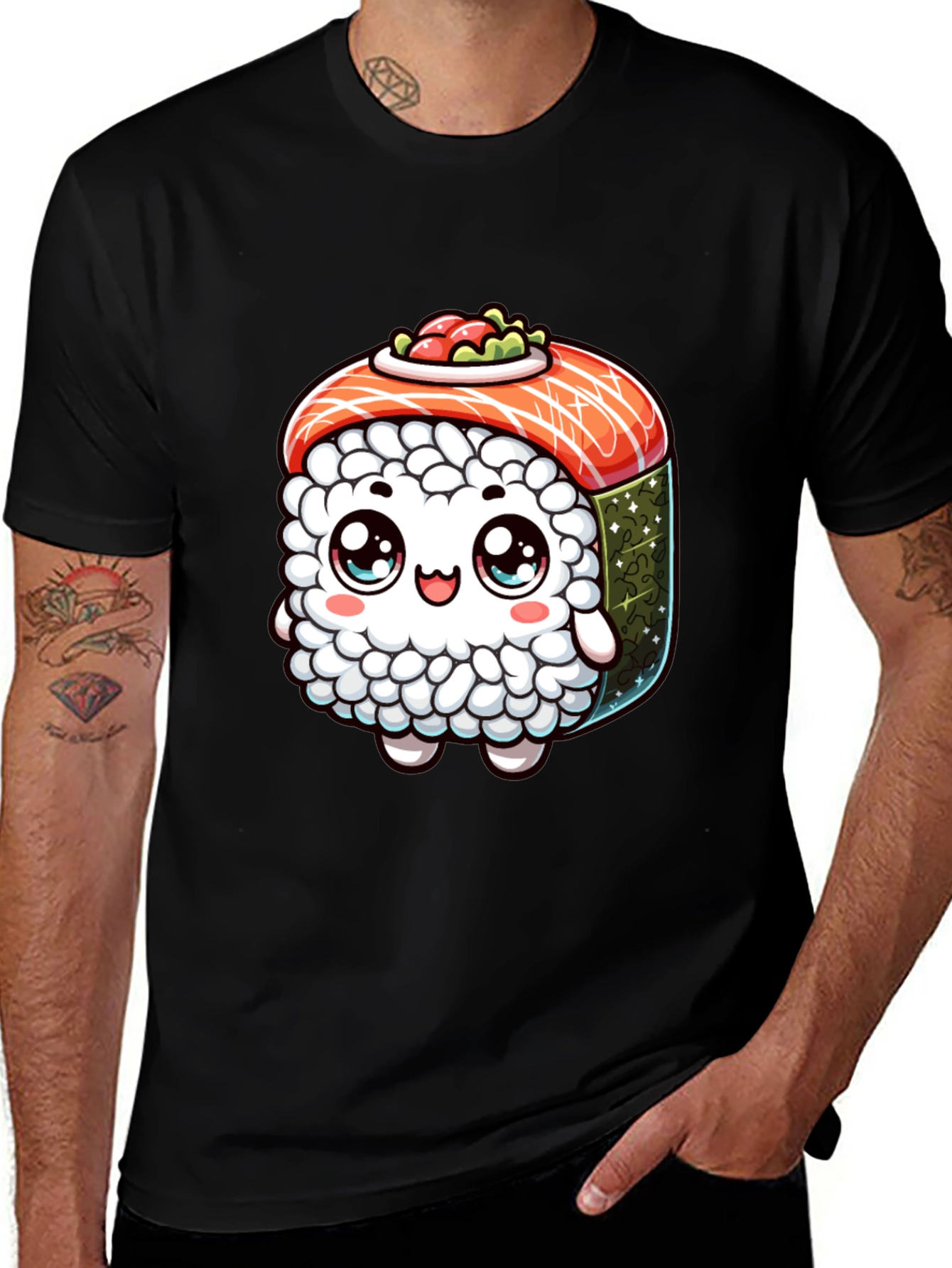 Sushi Cartoon Graphic Black T-Shirt