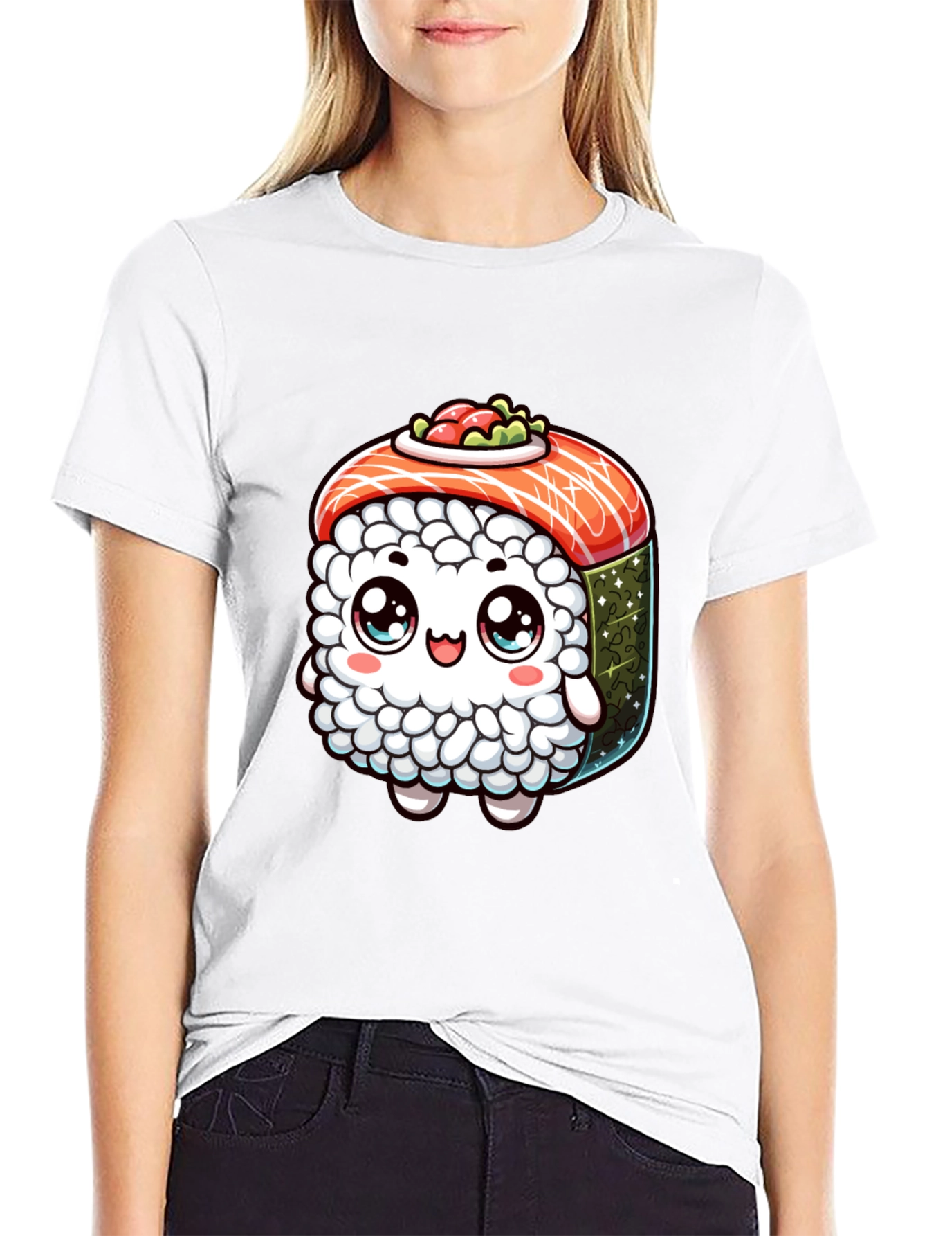 Sushi Cartoon Graphic Black T-Shirt