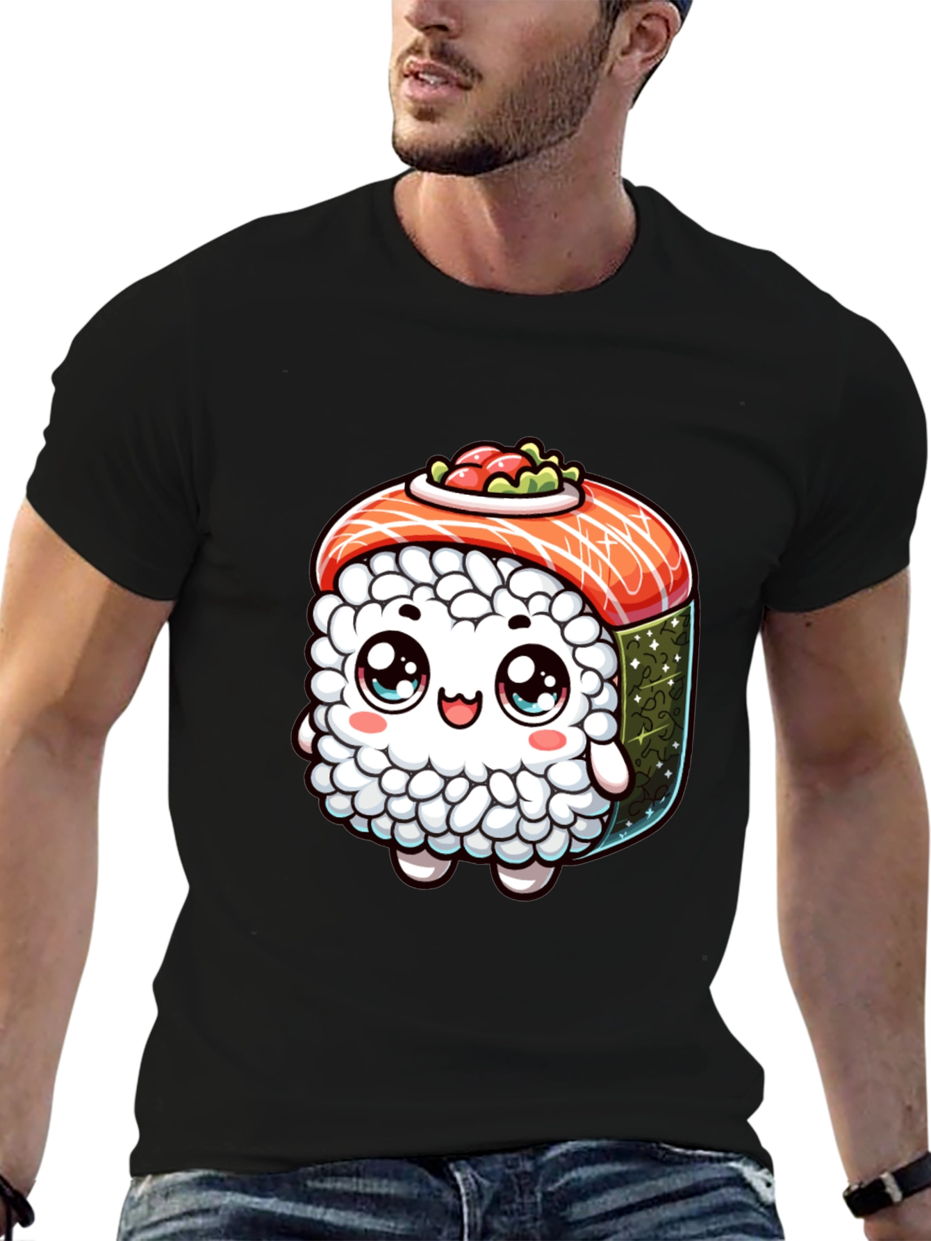 Sushi Cartoon Graphic Black T-Shirt