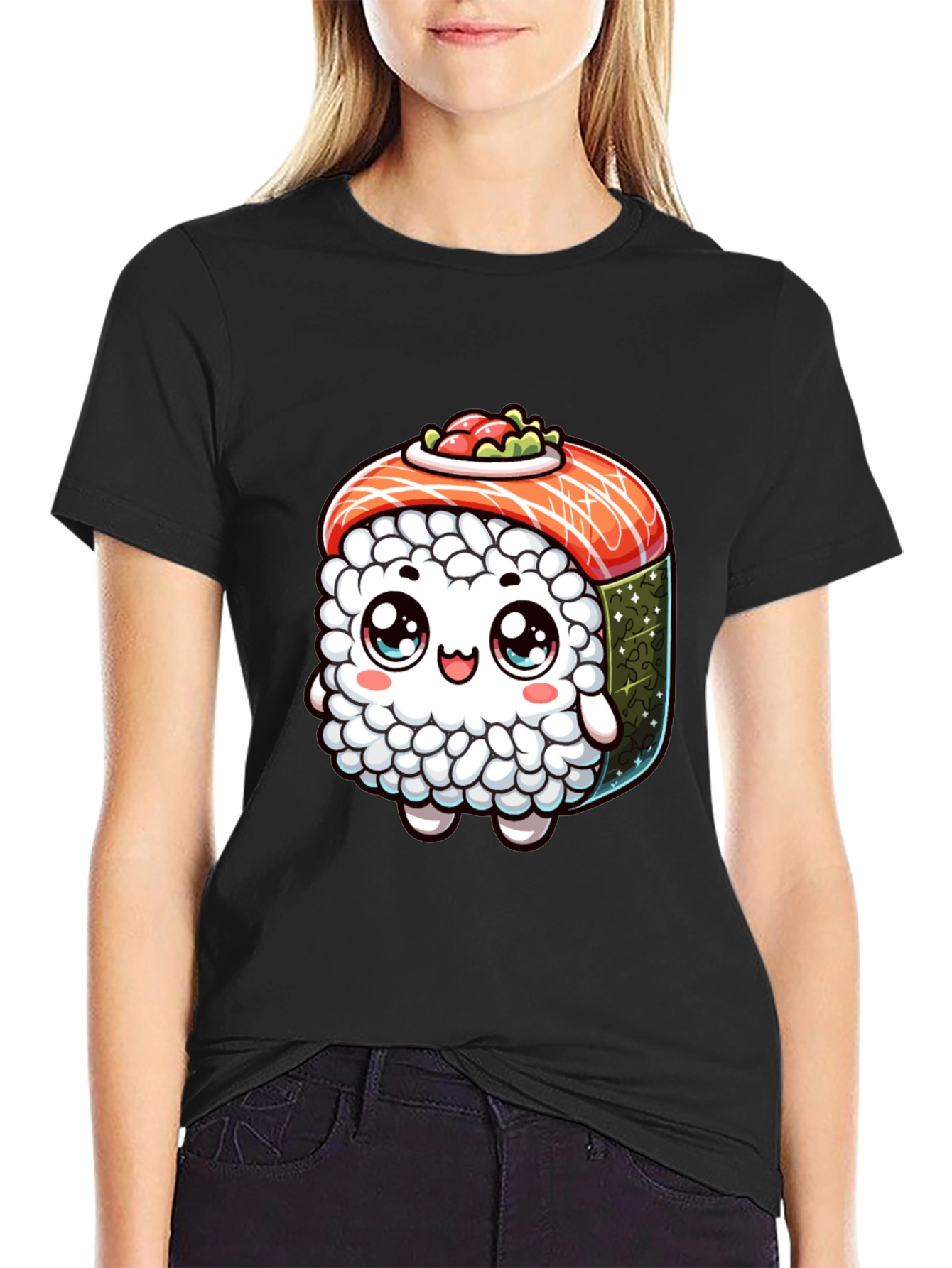 Sushi Cartoon Graphic Black T-Shirt