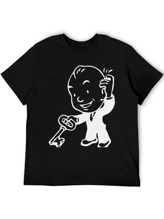 Cartoon Character with Key - Black T-Shirt
