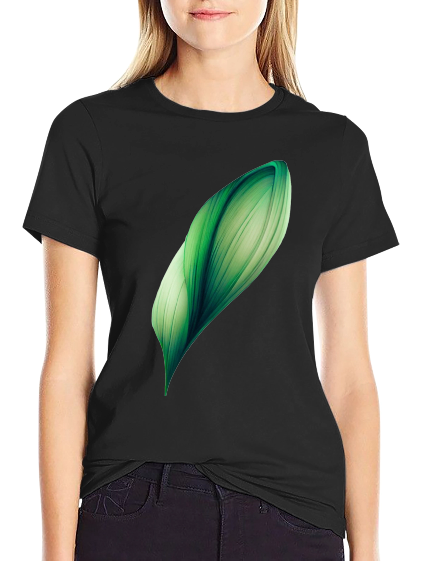 Abstract Green Leaf Graphic Print Black T-Shirt