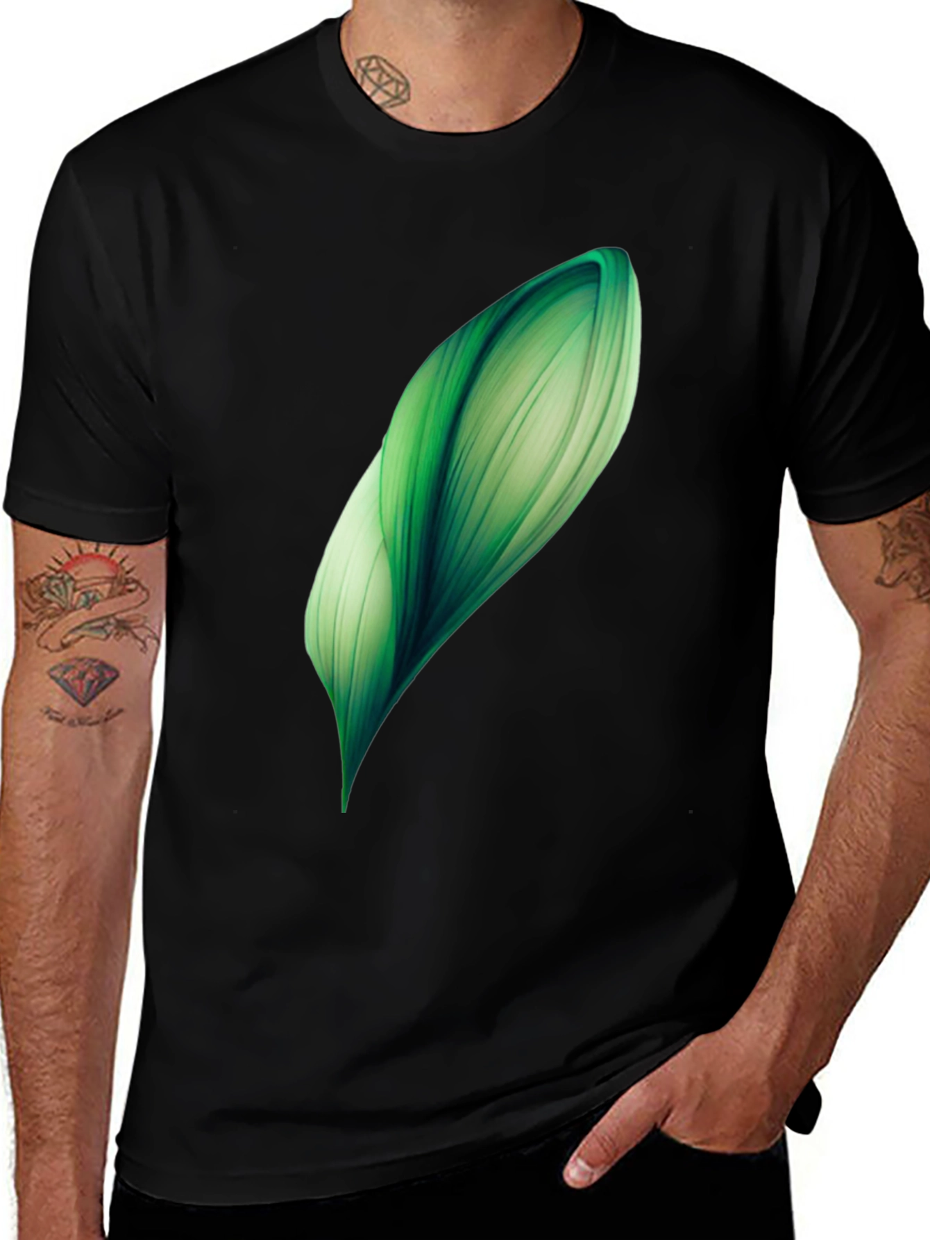 Abstract Green Leaf Graphic Print Black T-Shirt