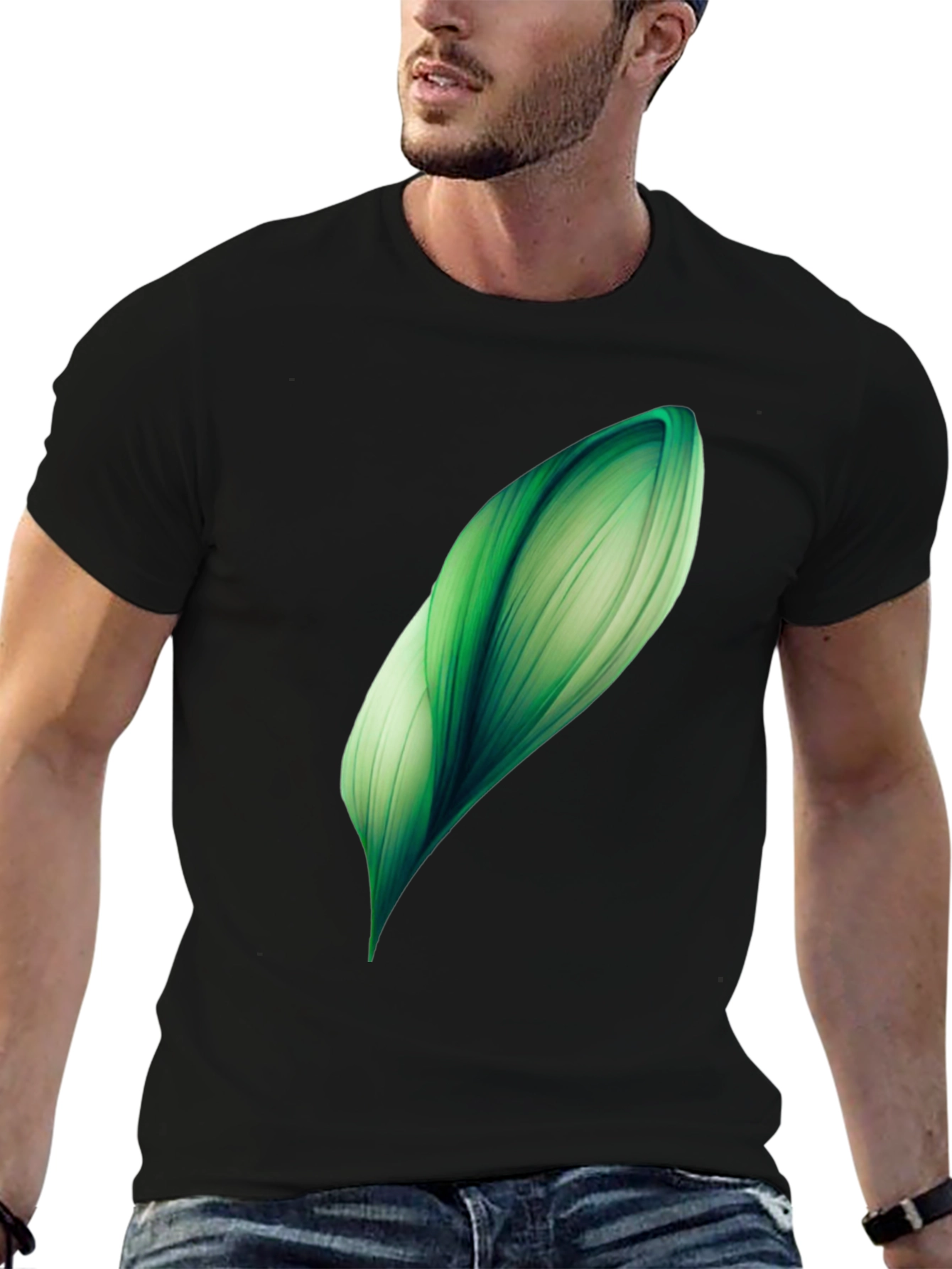 Abstract Green Leaf Graphic Print Black T-Shirt