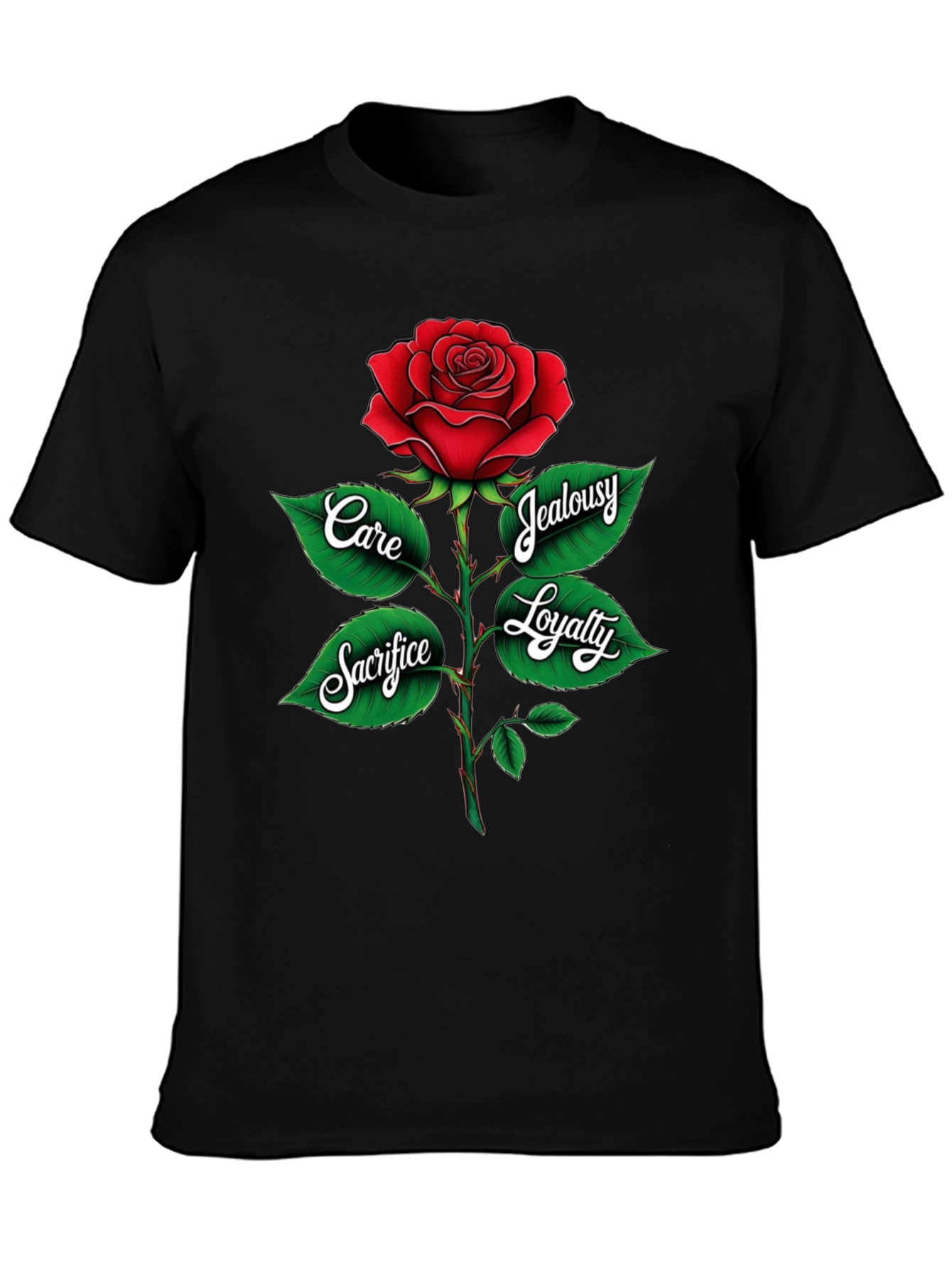 Rose Graphic Tee: Care Sacrifice Loyalty & Jealousy