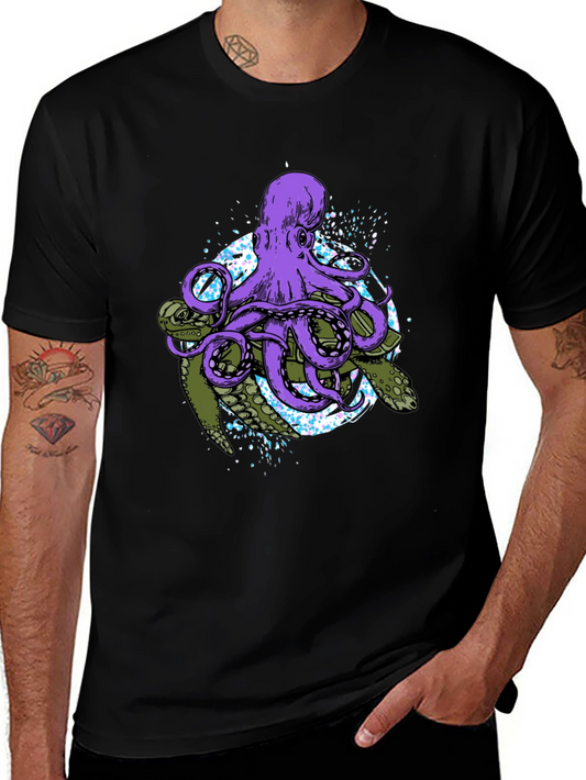 Octopus & Turtle Graphic Print Black T-Shirt