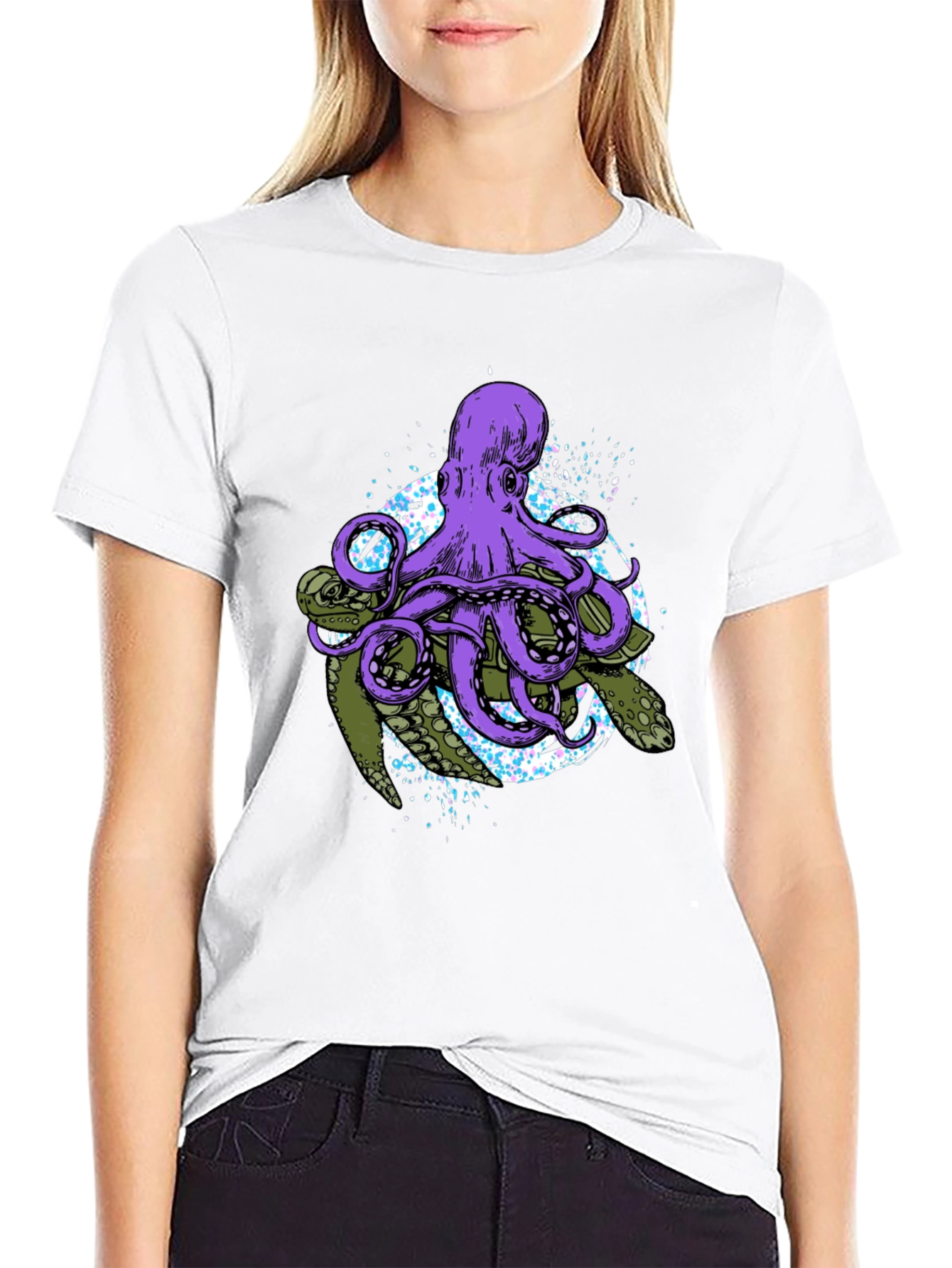 Octopus & Turtle Graphic Print Black T-Shirt