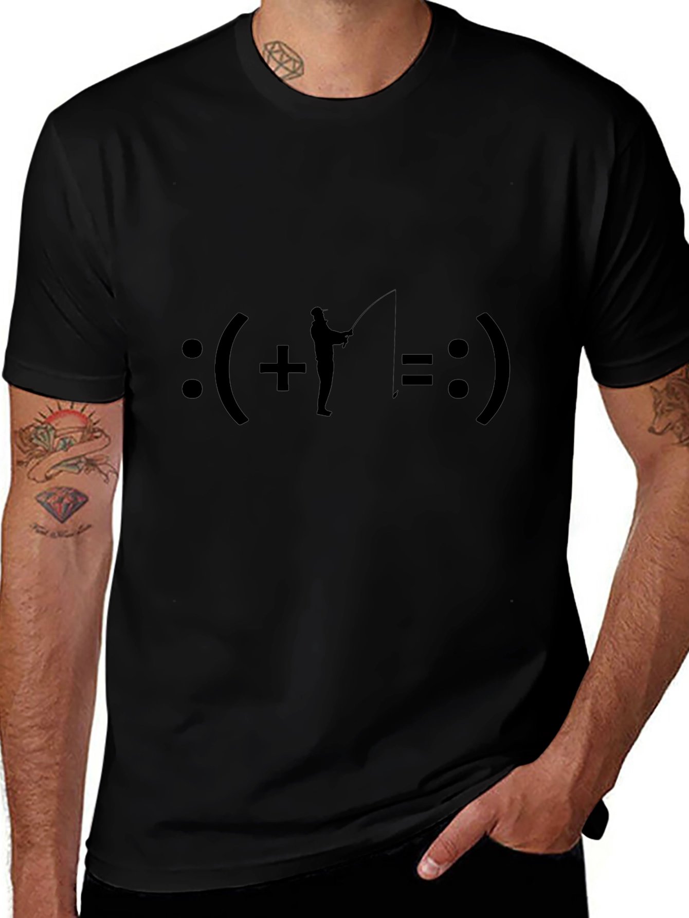 Fishing Equals Happiness T-Shirt - Black Crew Neck Tee