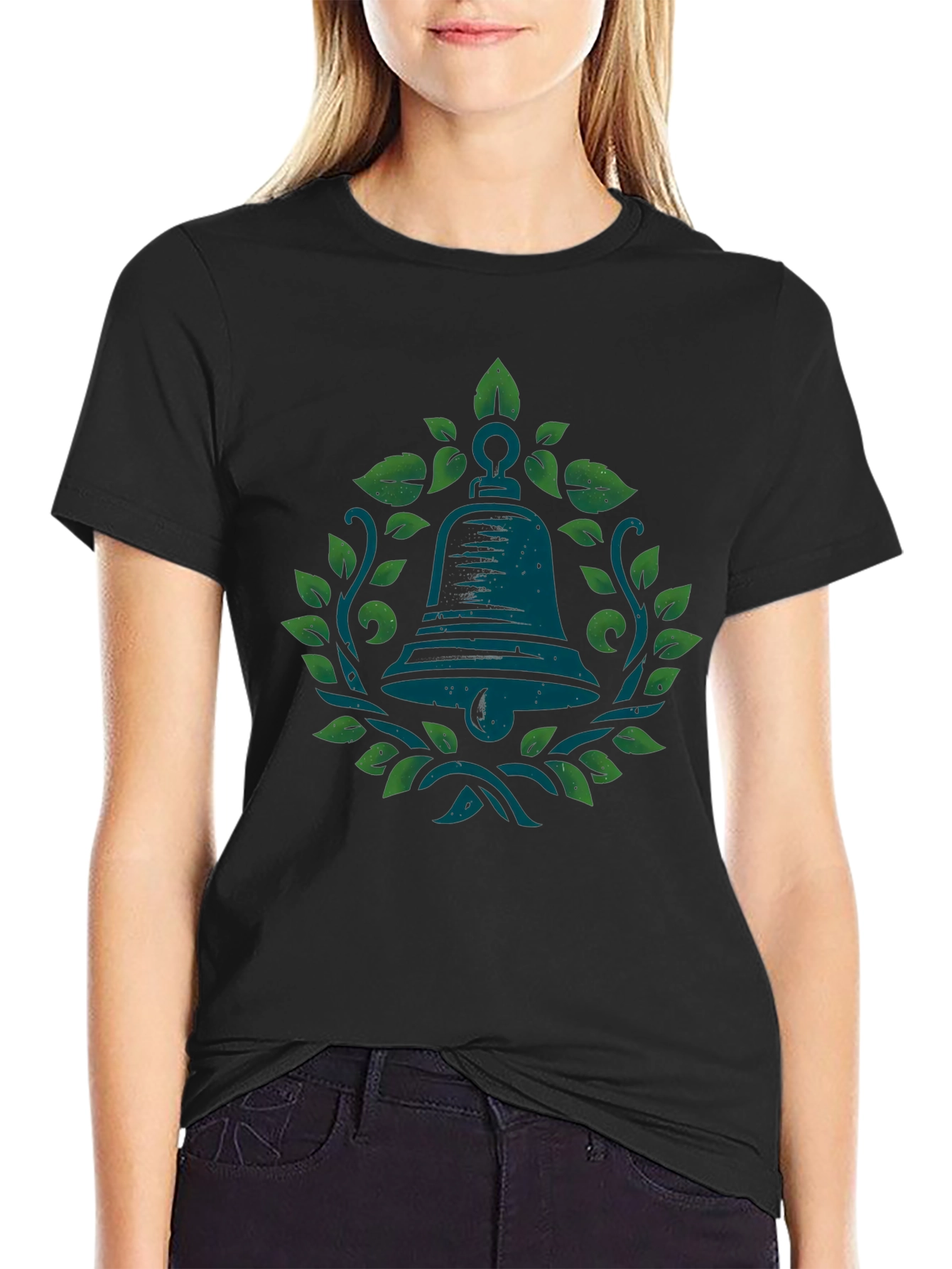 Bell and Leaves Graphic Tee - Black Cotton