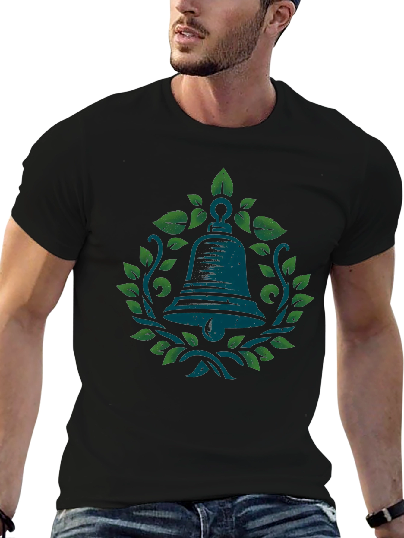 Bell and Leaves Graphic Tee - Black Cotton