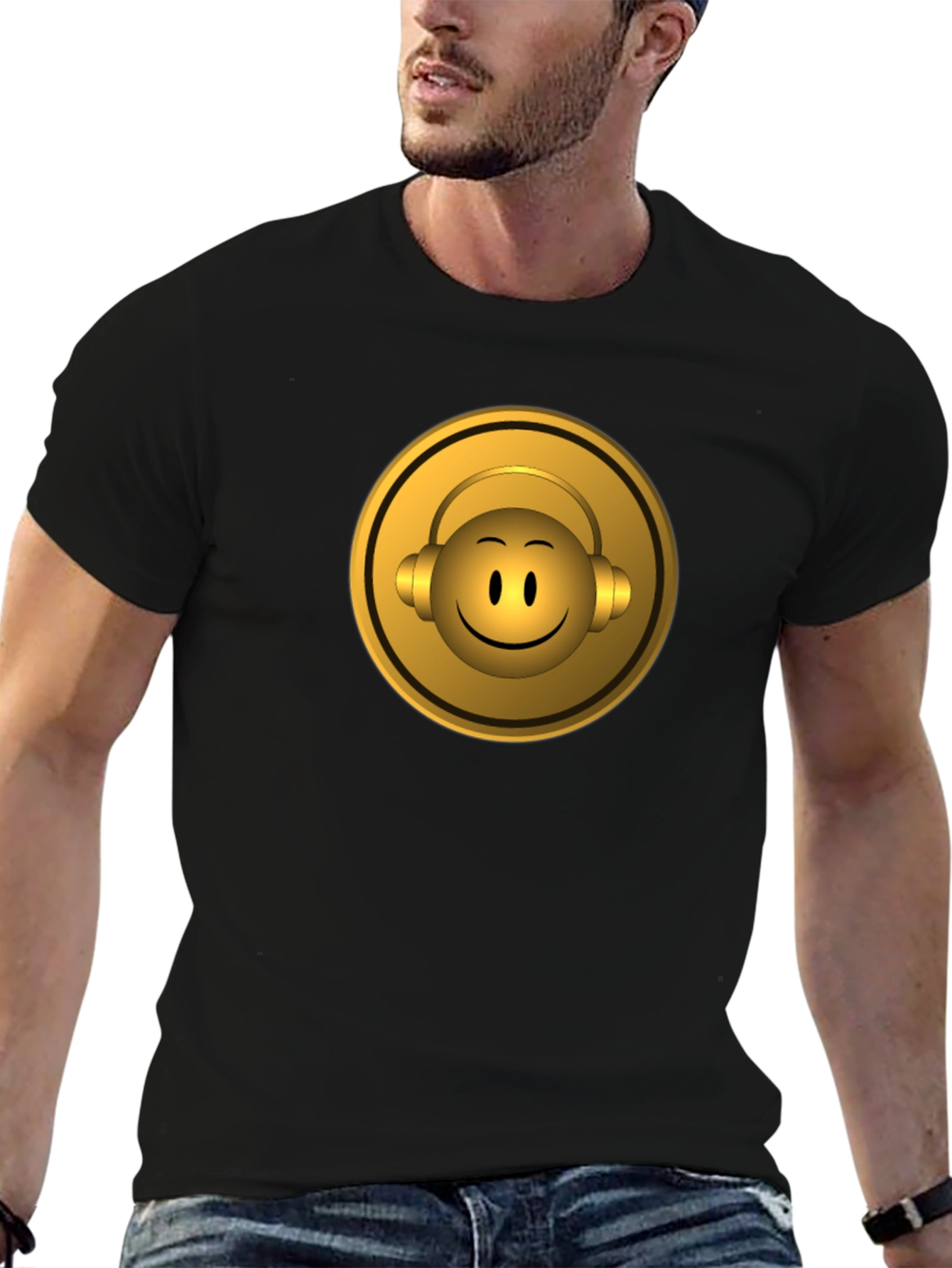 Golden Emoji Headphone Graphic Tee - Black