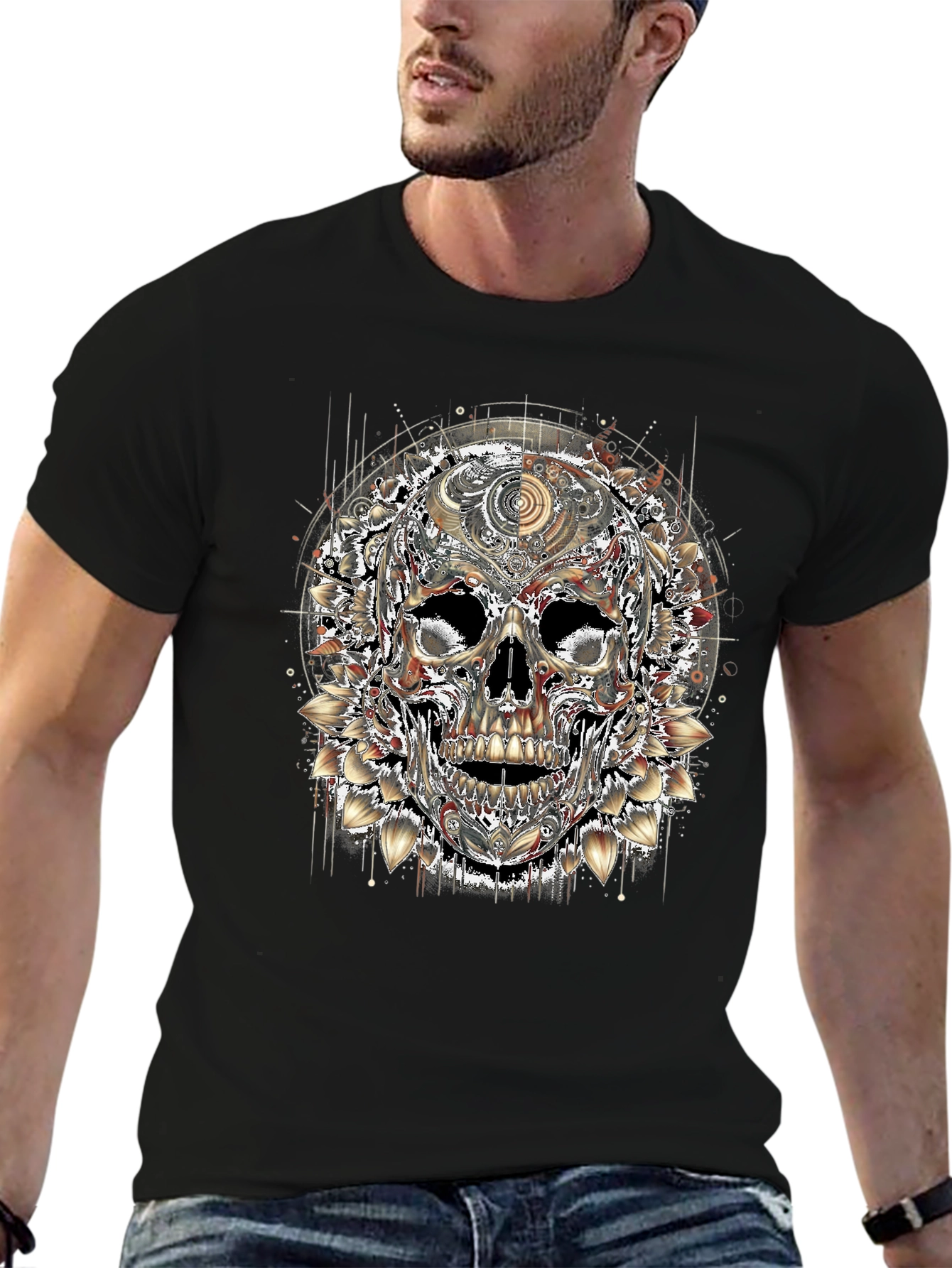 Floral Skull Graphic Print Mens T-Shirt