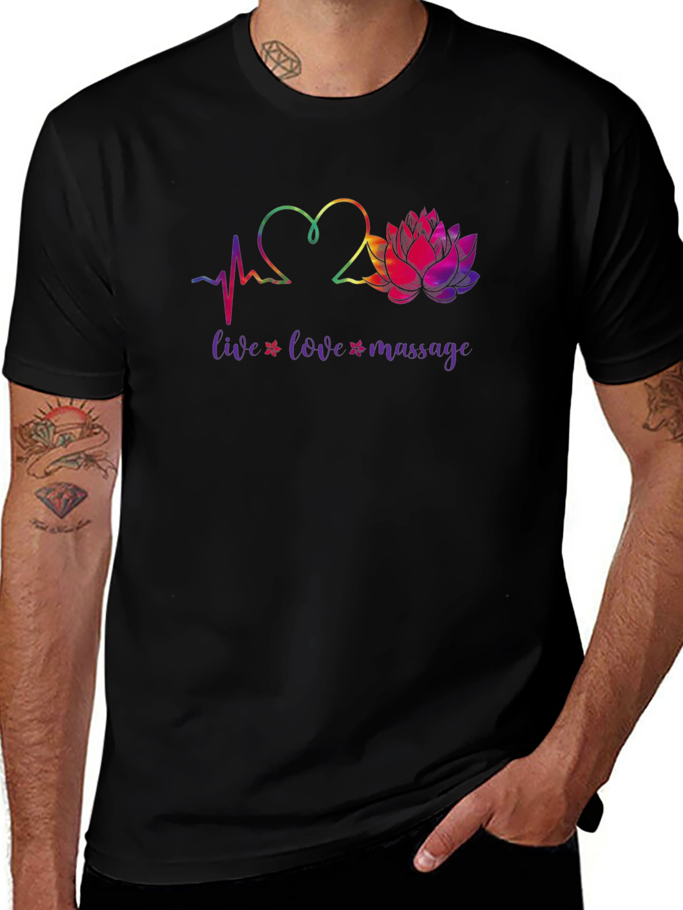 Live Love Massage Heart & Lotus Black T-Shirt