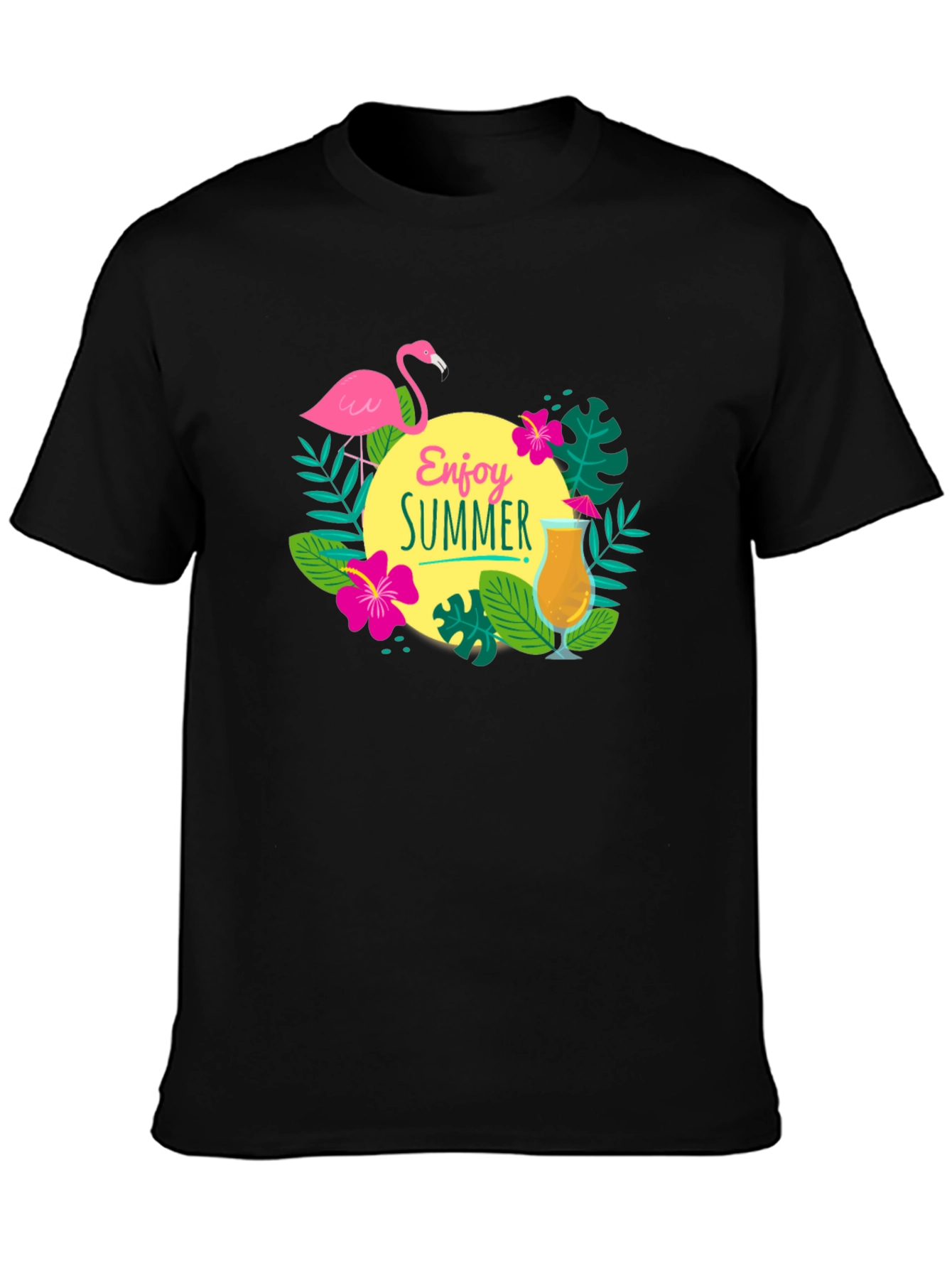 Enjoy Summer T-Shirt - Flamingo & Cocktail Graphic Tee