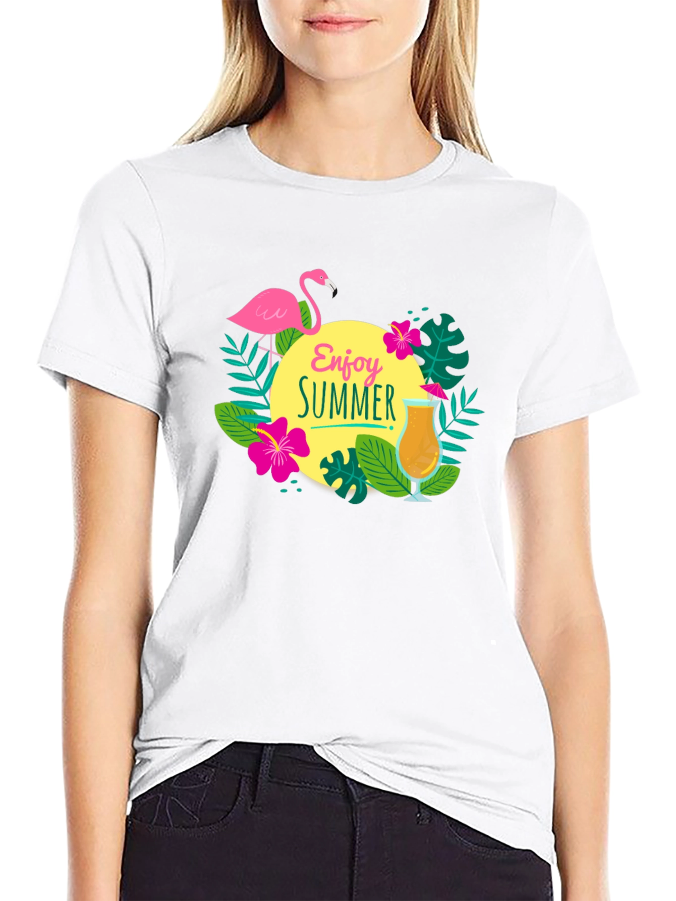 Enjoy Summer T-Shirt - Flamingo & Cocktail Graphic Tee