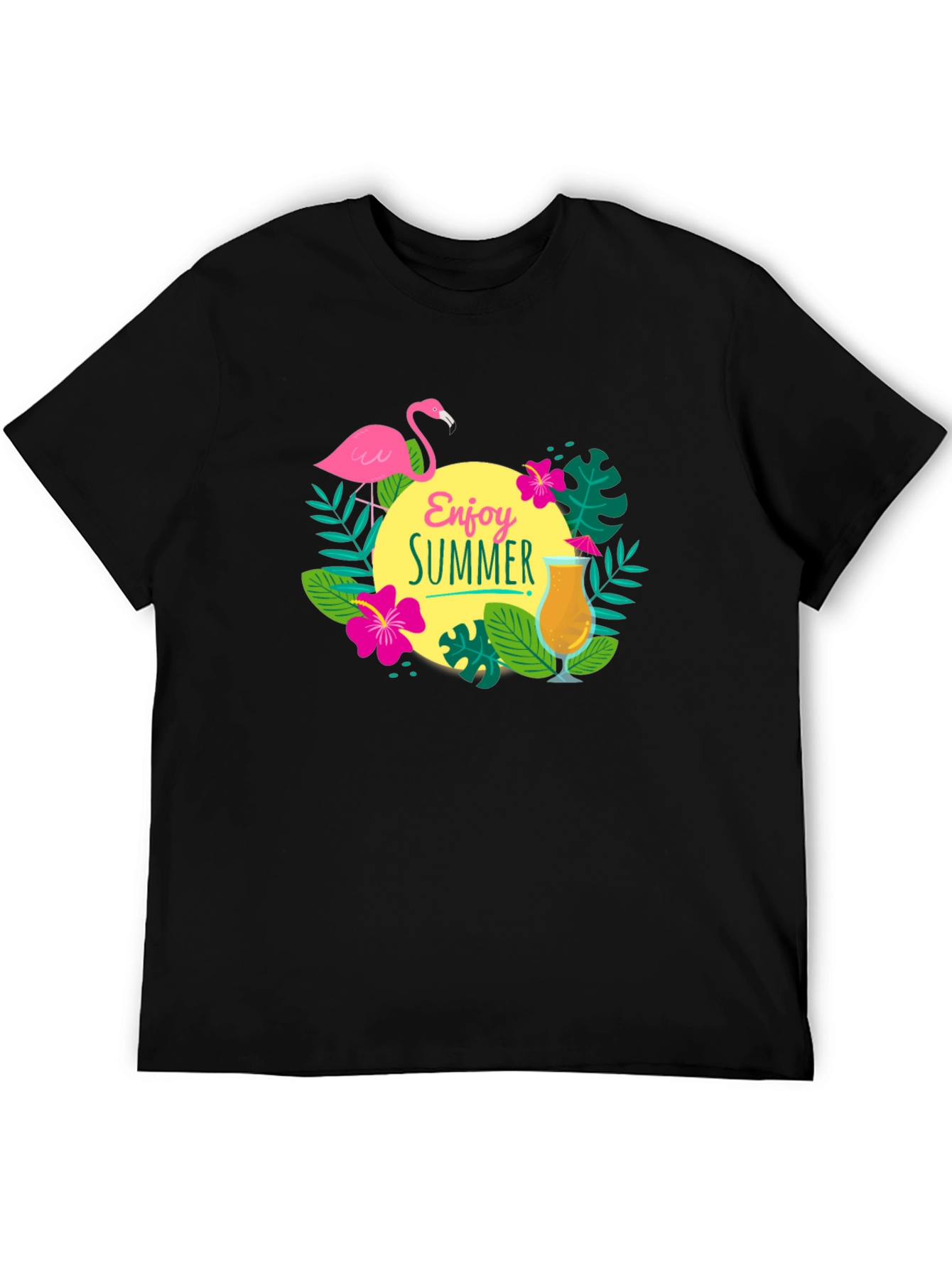 Enjoy Summer T-Shirt - Flamingo & Cocktail Graphic Tee