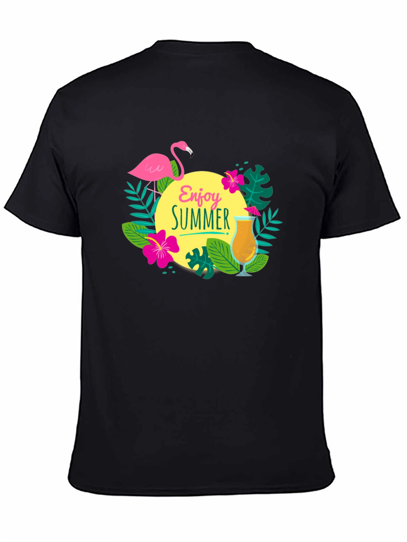 Enjoy Summer T-Shirt - Flamingo & Cocktail Graphic Tee