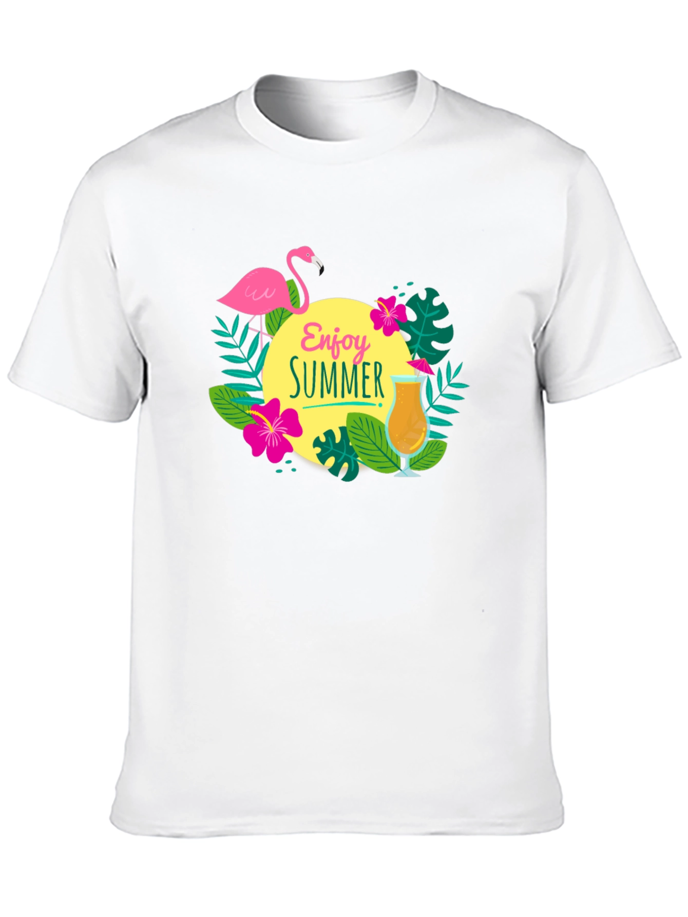 Enjoy Summer T-Shirt - Flamingo & Cocktail Graphic Tee