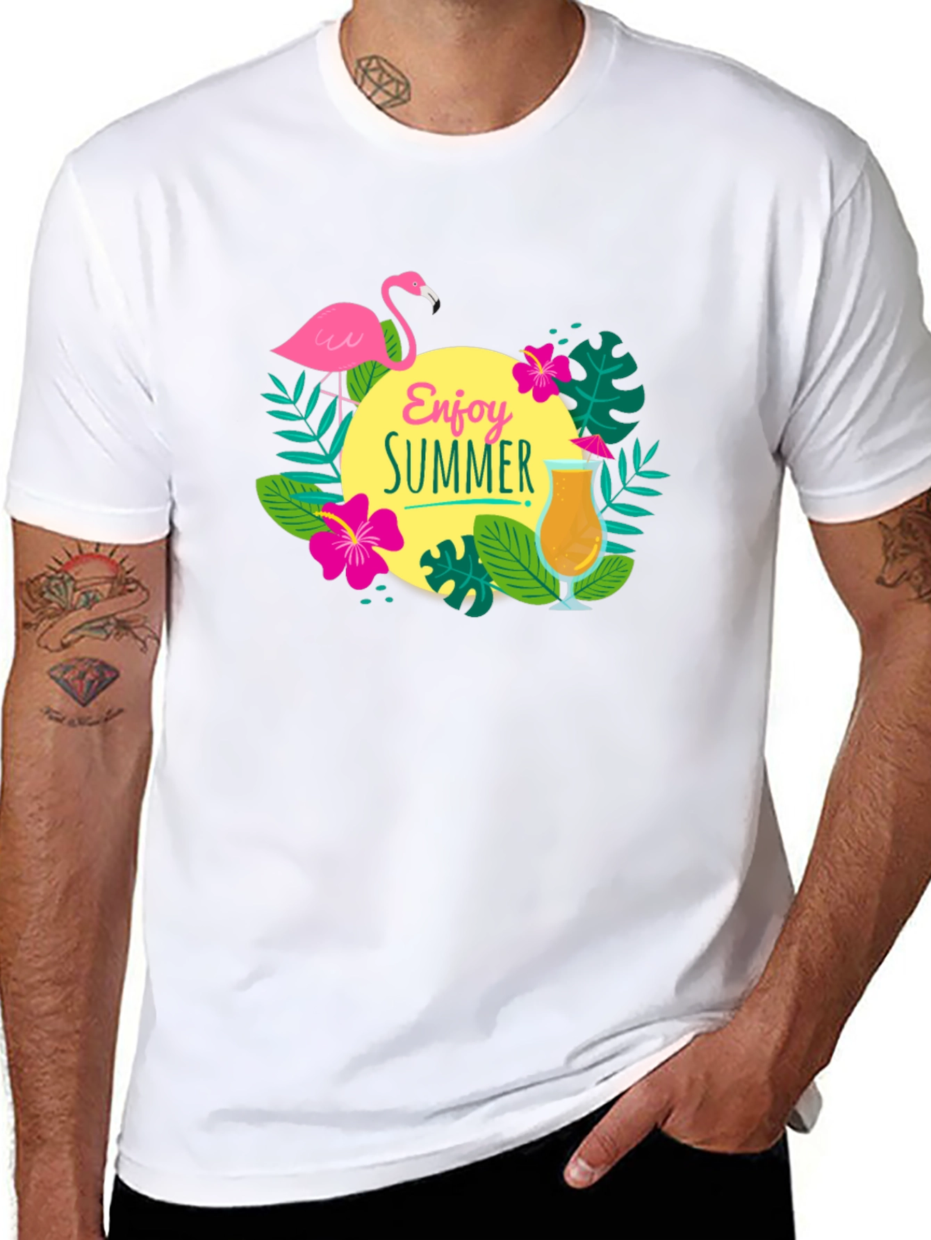 Enjoy Summer T-Shirt - Flamingo & Cocktail Graphic Tee