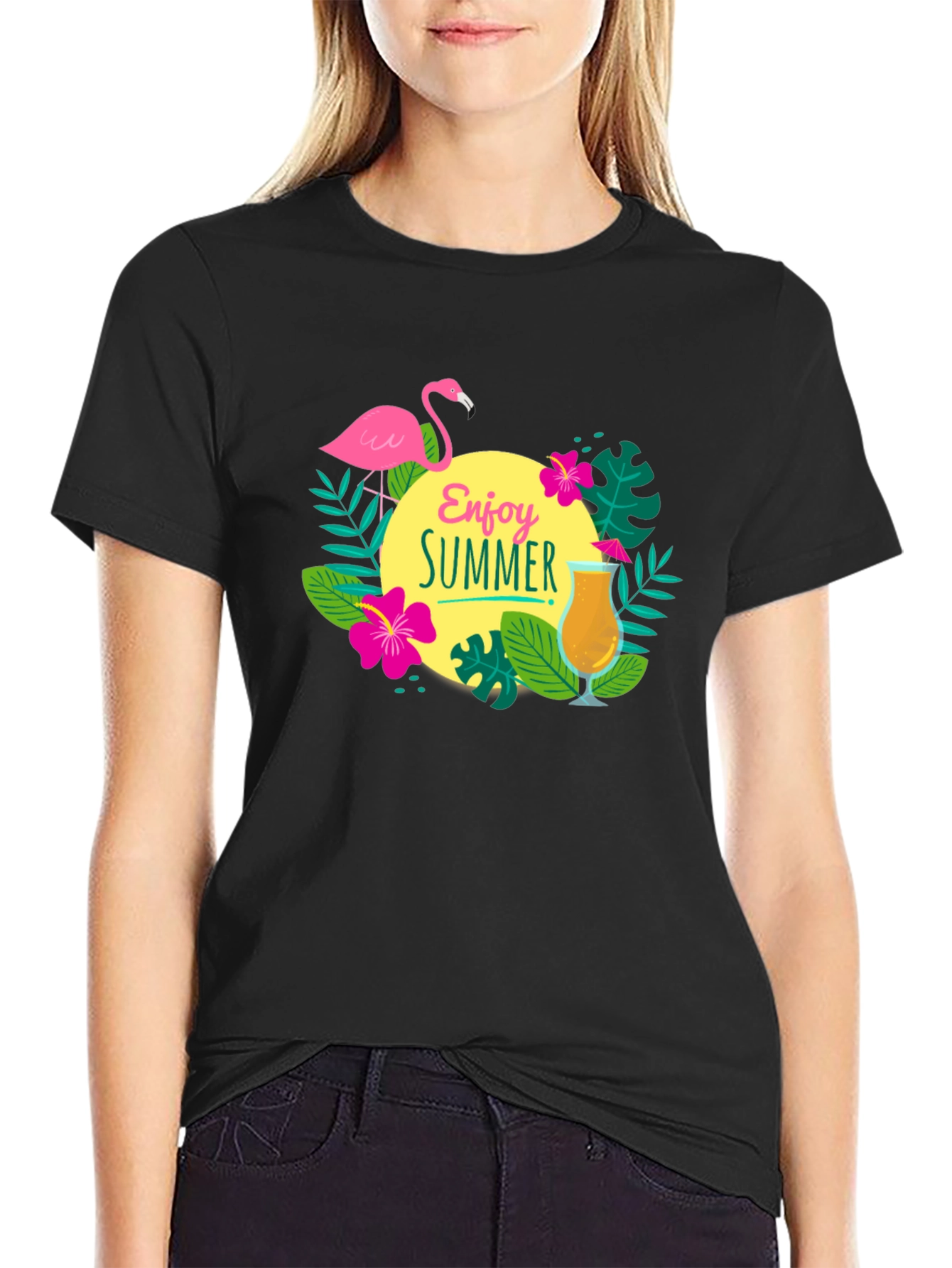 Enjoy Summer T-Shirt - Flamingo & Cocktail Graphic Tee