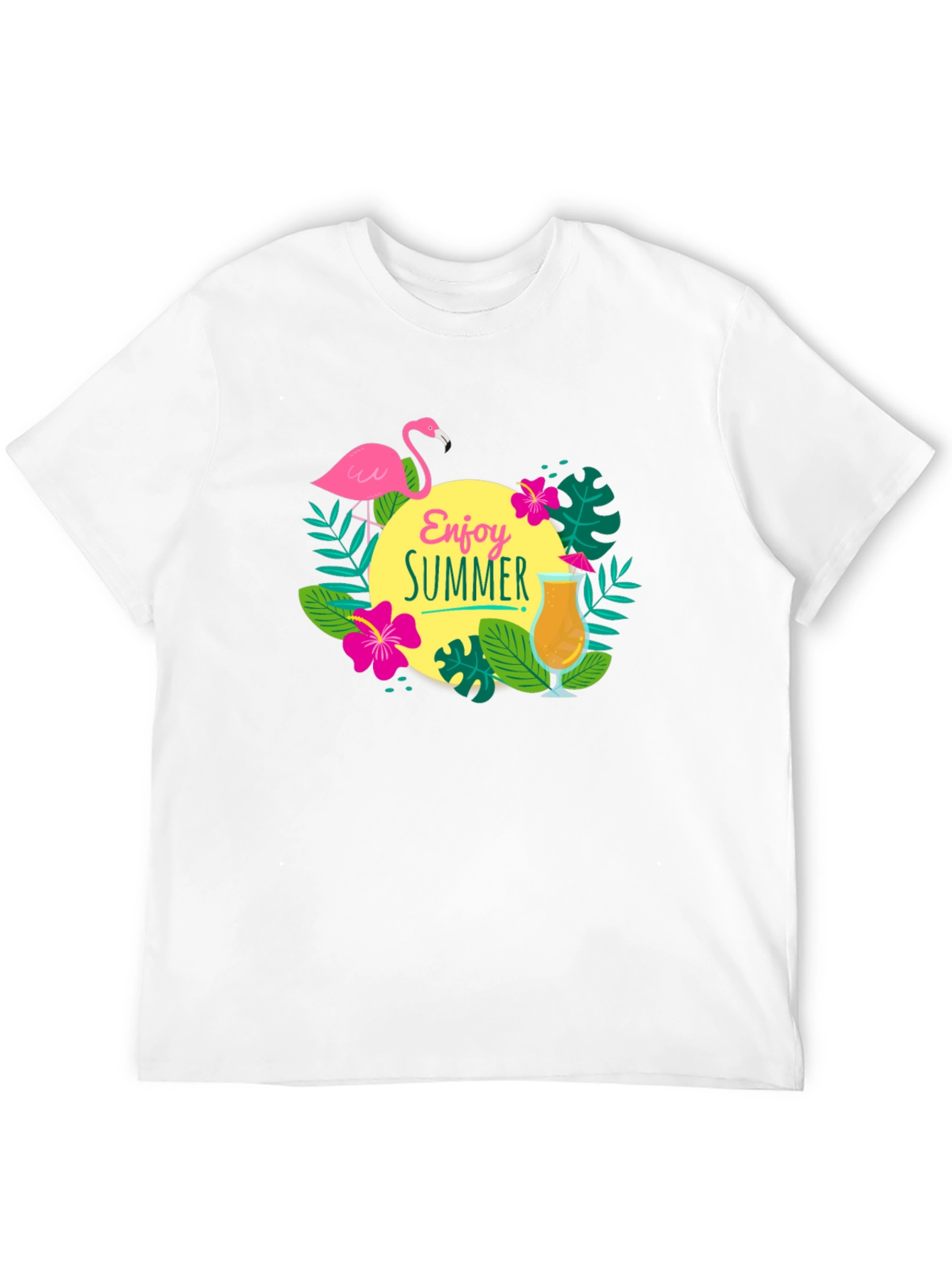 Enjoy Summer T-Shirt - Flamingo & Cocktail Graphic Tee