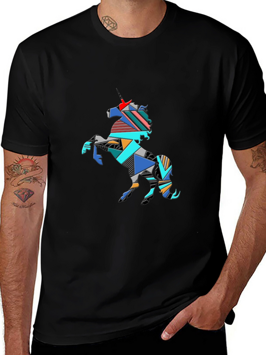 Geometric Unicorn Graphic Tee - Black Cotton Blend