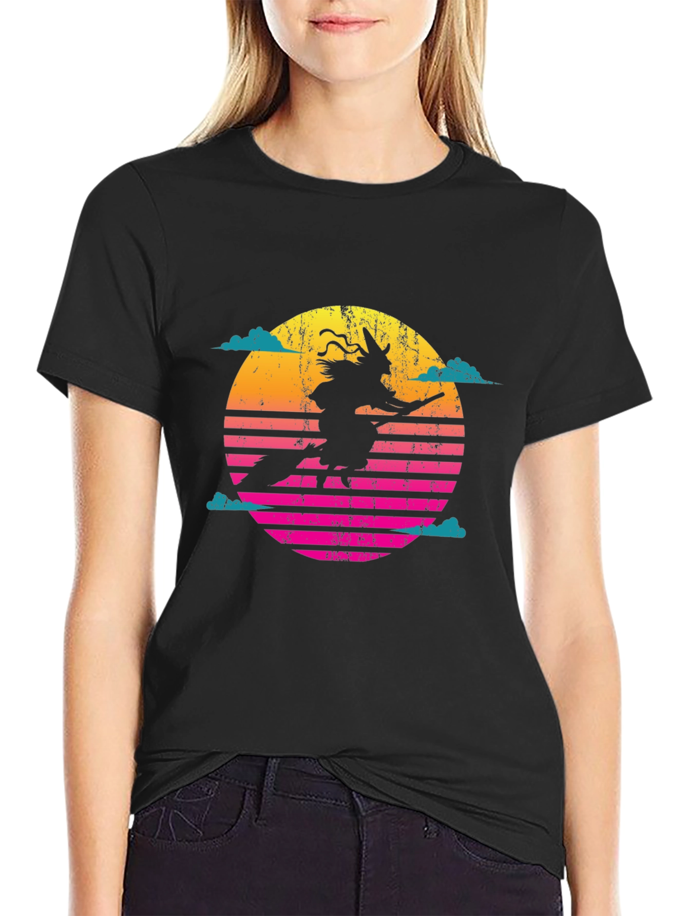 Retro Witch on Broomstick Graphic T-Shirt