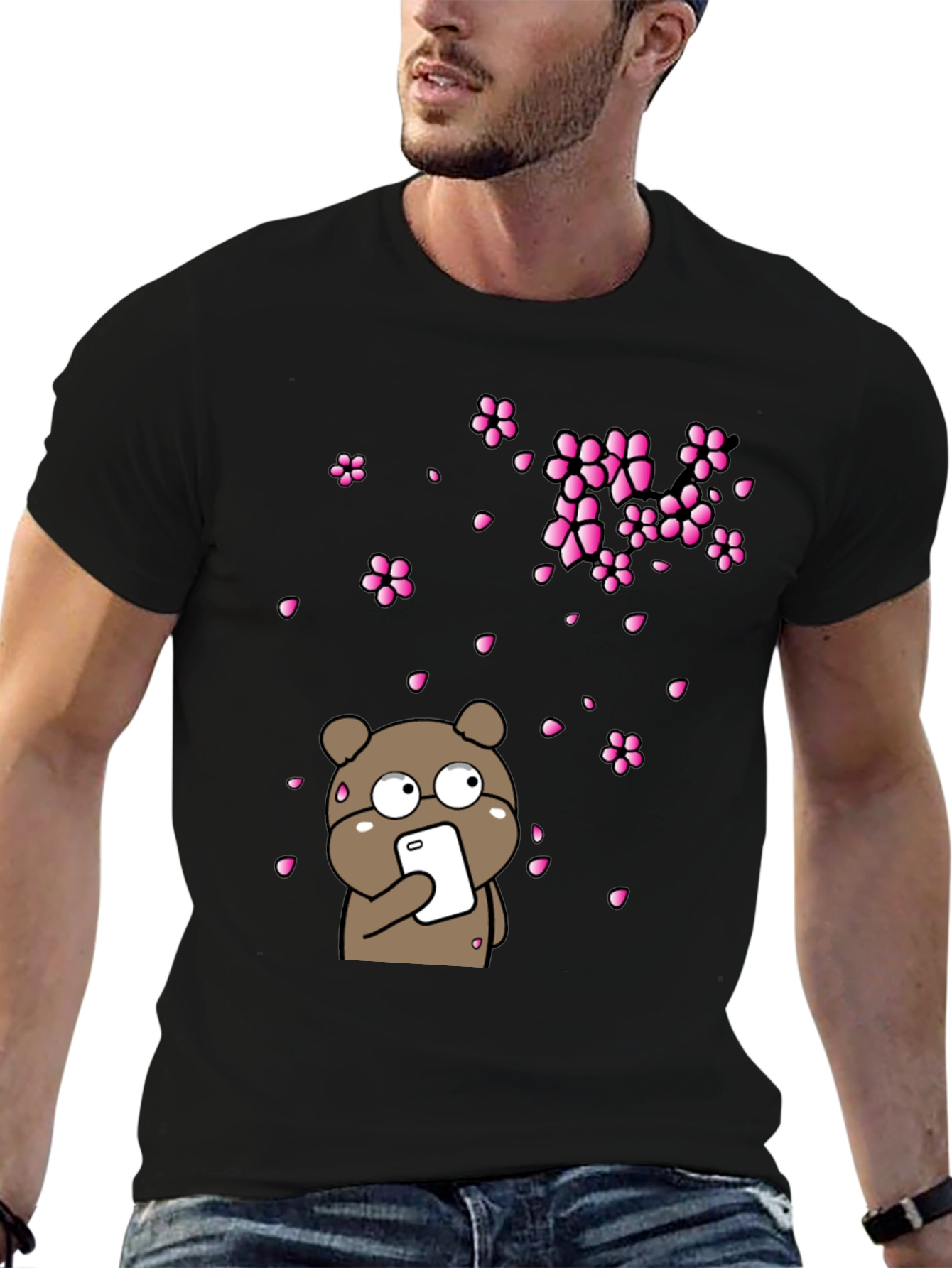 Bear with Phone and Cherry Blossoms Black T-Shirt