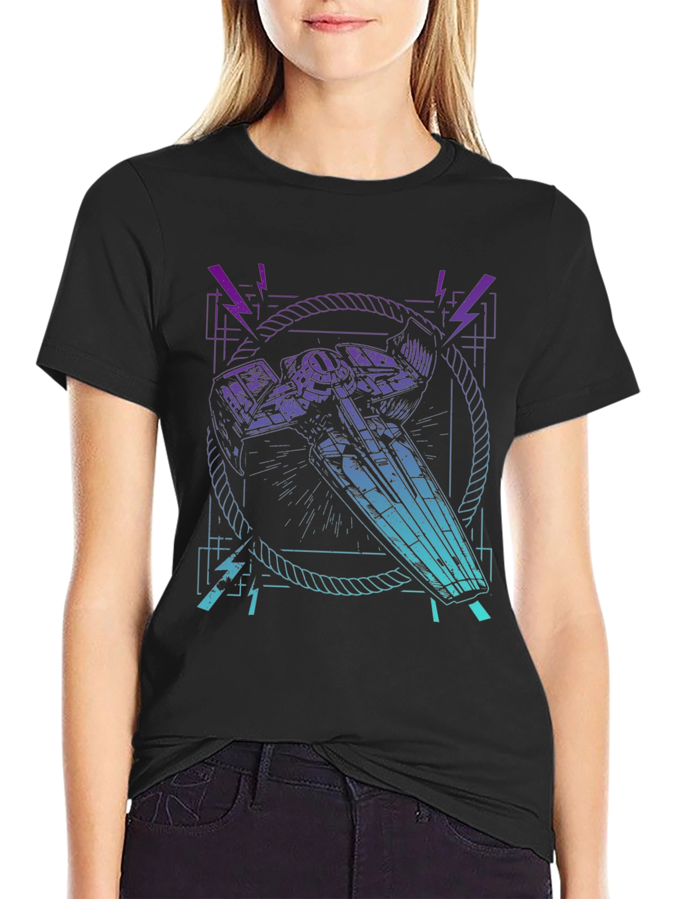 Retro Spaceship Graphic Tee - Black Cotton Blend