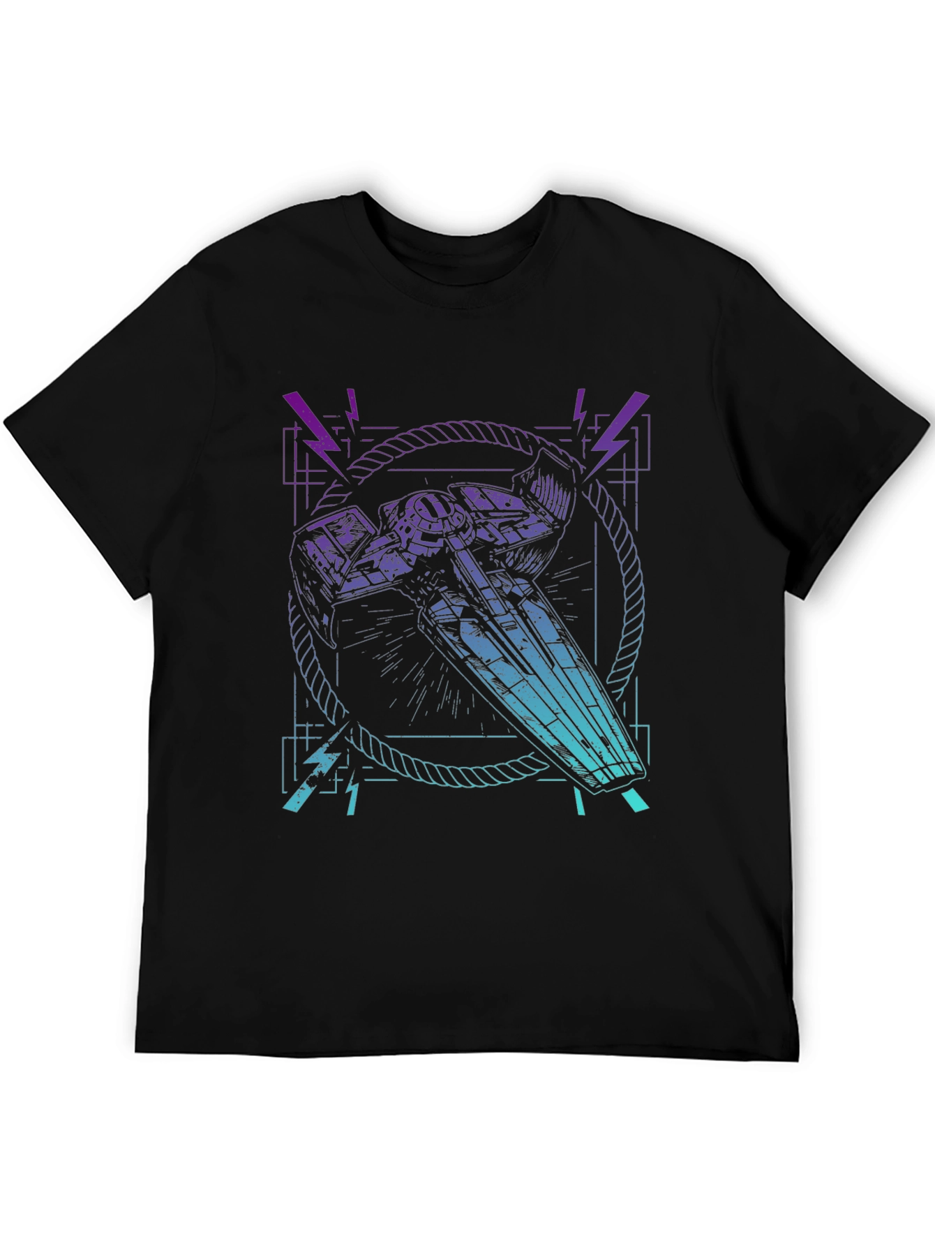 Retro Spaceship Graphic Tee - Black Cotton Blend