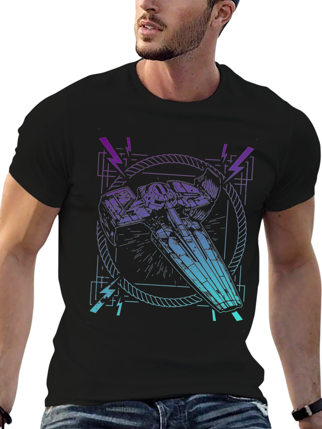 Retro Spaceship Graphic Tee - Black Cotton Blend