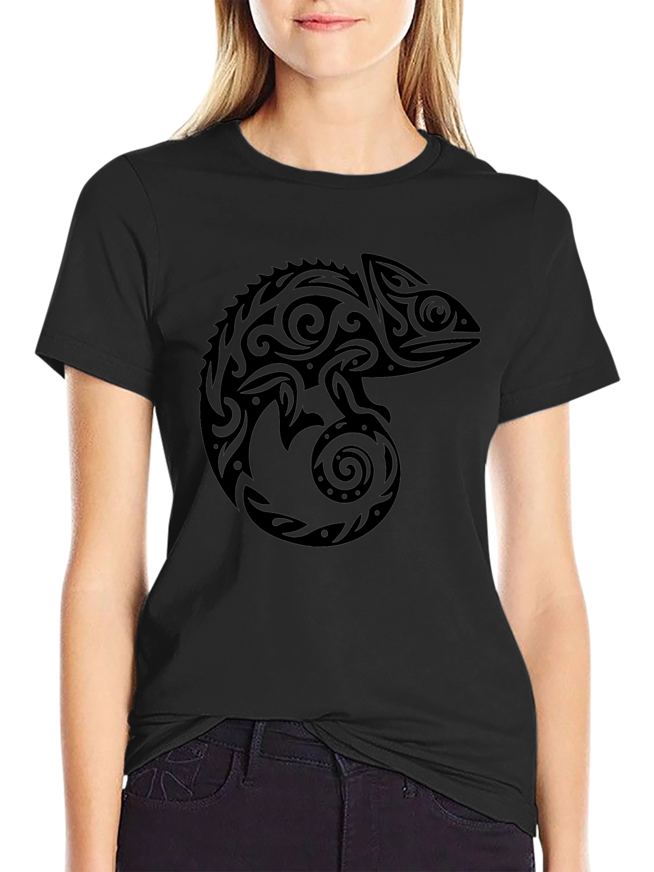 Tribal Chameleon Graphic Tee - Black