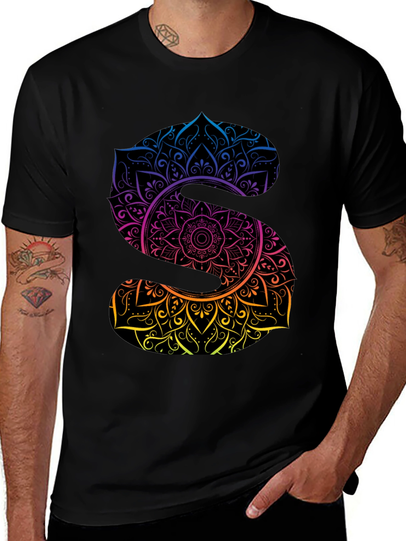 Mandala Letter S Graphic Black T-Shirt