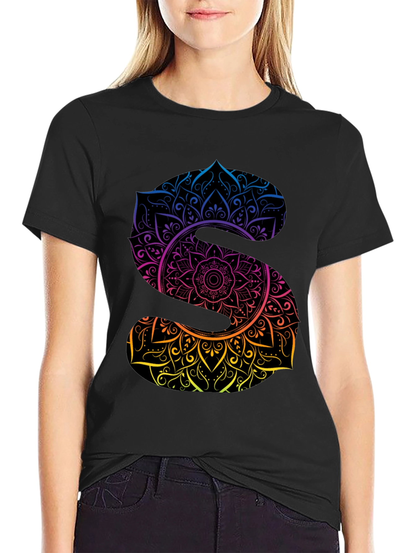 Mandala Letter S Graphic Black T-Shirt