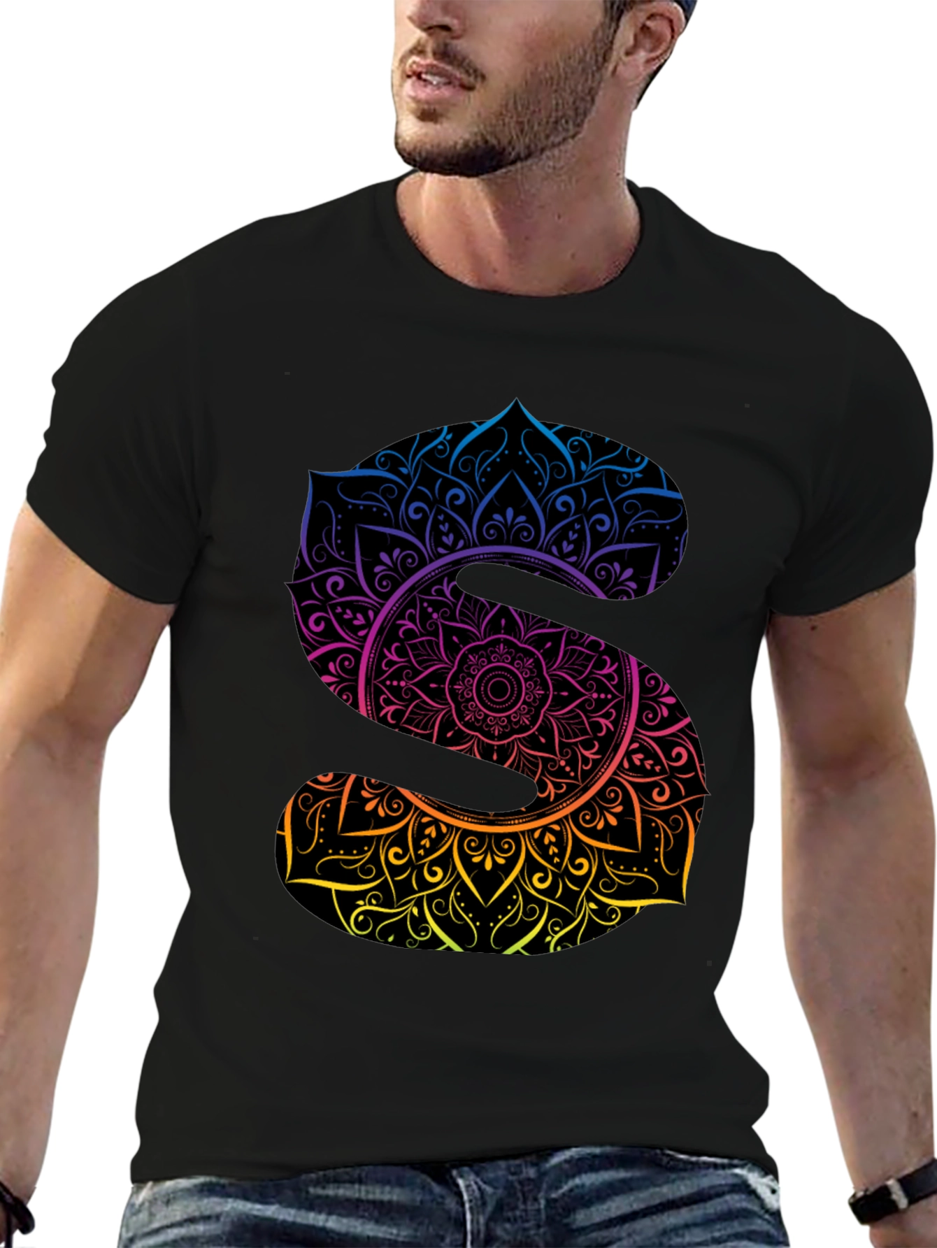 Mandala Letter S Graphic Black T-Shirt