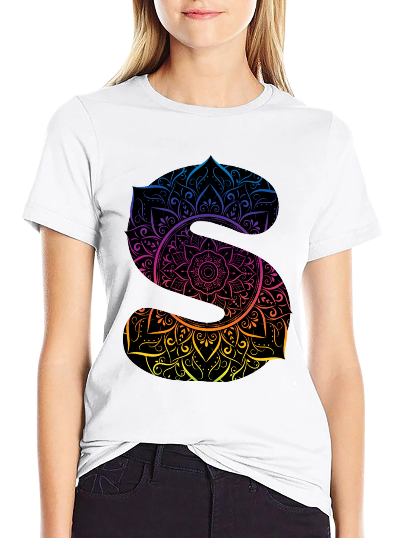 Mandala Letter S Graphic Black T-Shirt