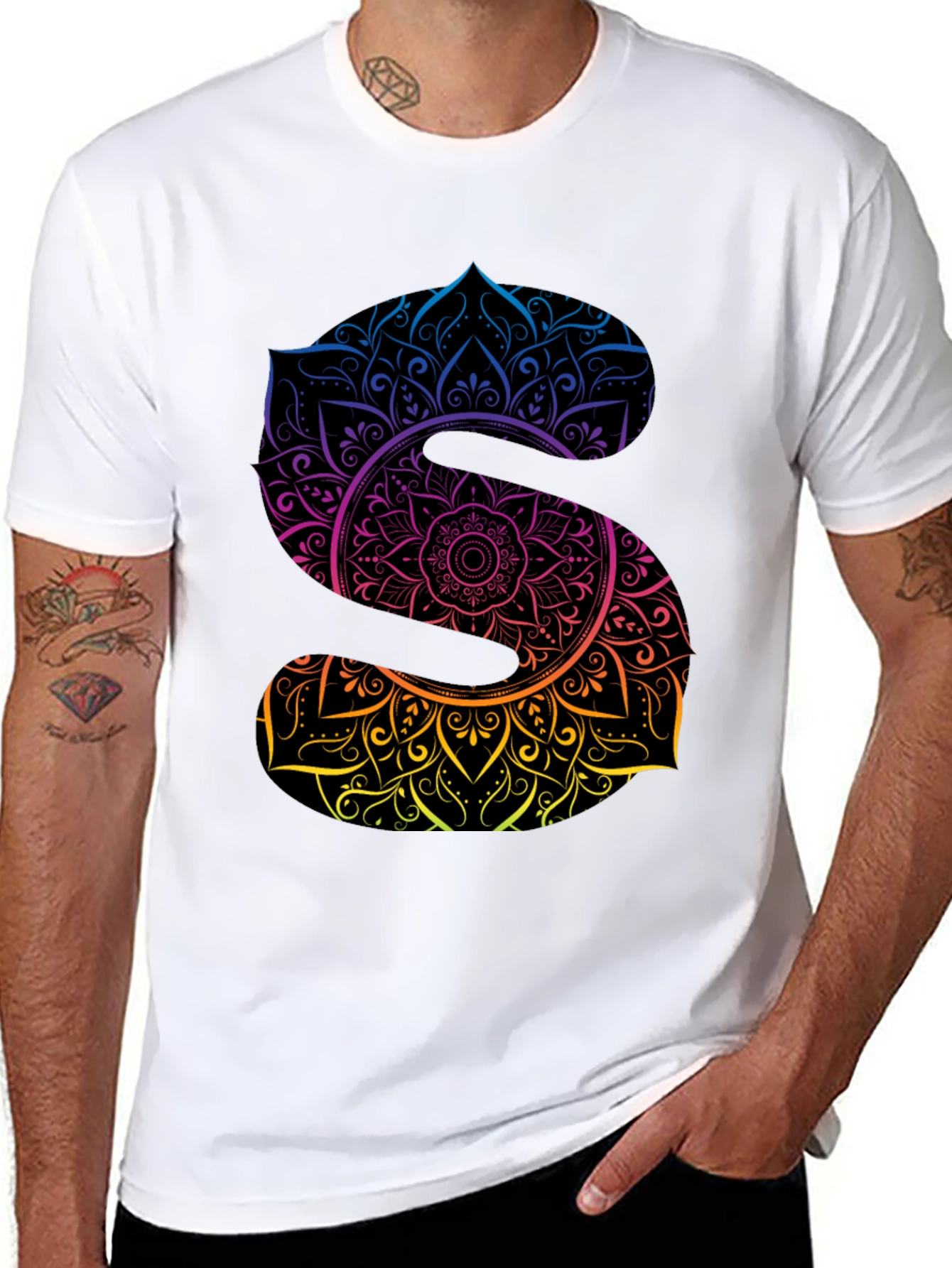 Mandala Letter S Graphic Black T-Shirt
