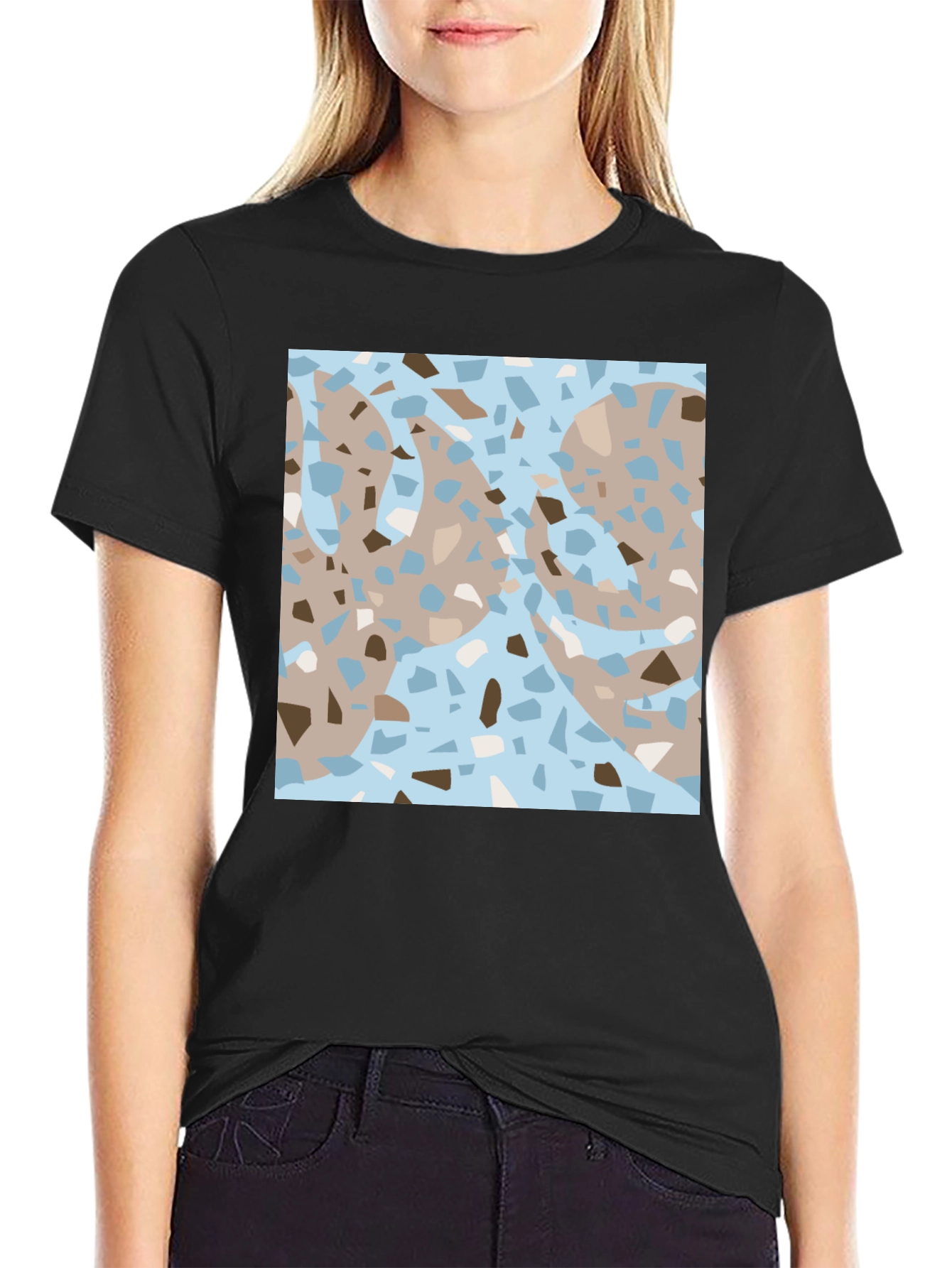 Modern Terrazzo Graphic Print Black T-Shirt