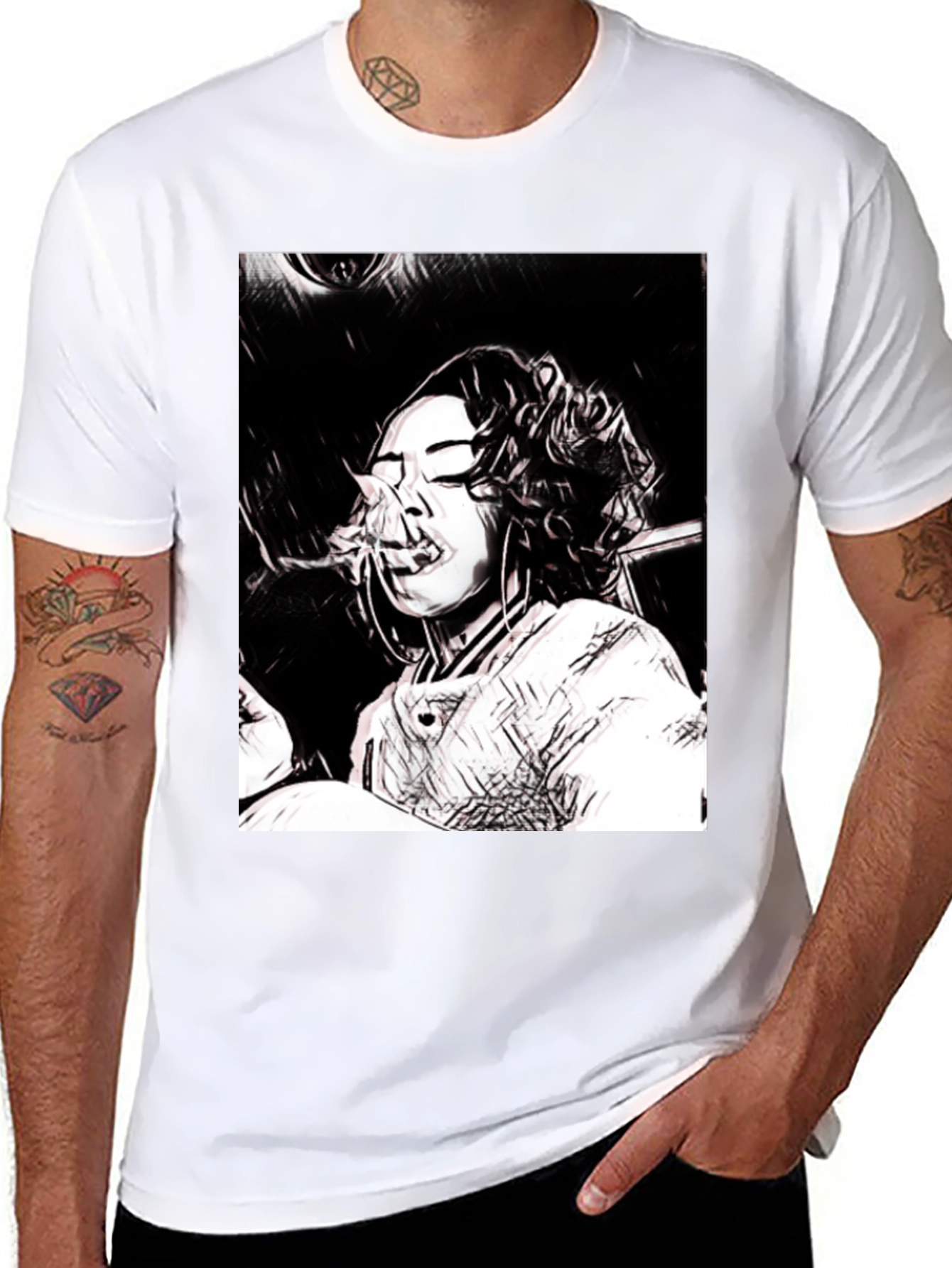 Black T-Shirt with Woman Smoking Graphic