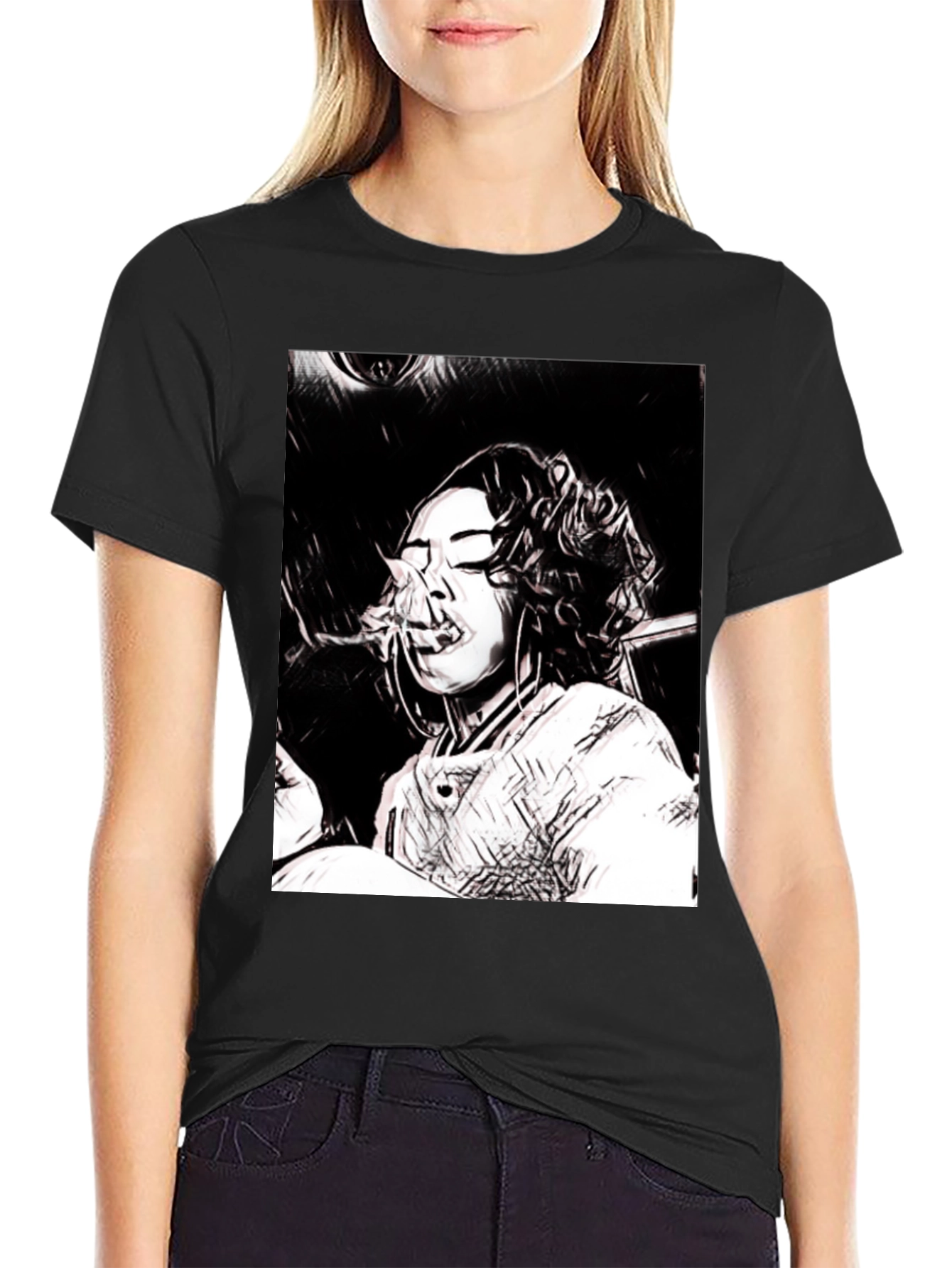 Black T-Shirt with Woman Smoking Graphic