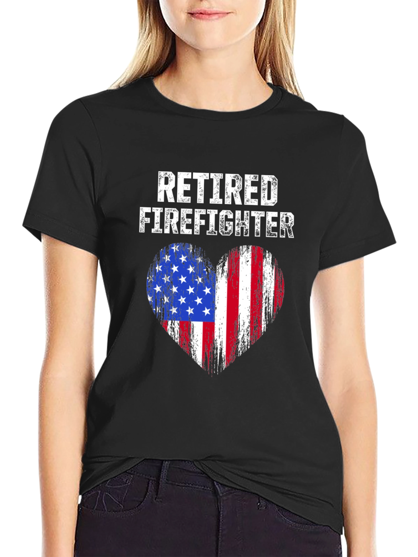 Retired Firefighter American Flag Heart T-Shirt