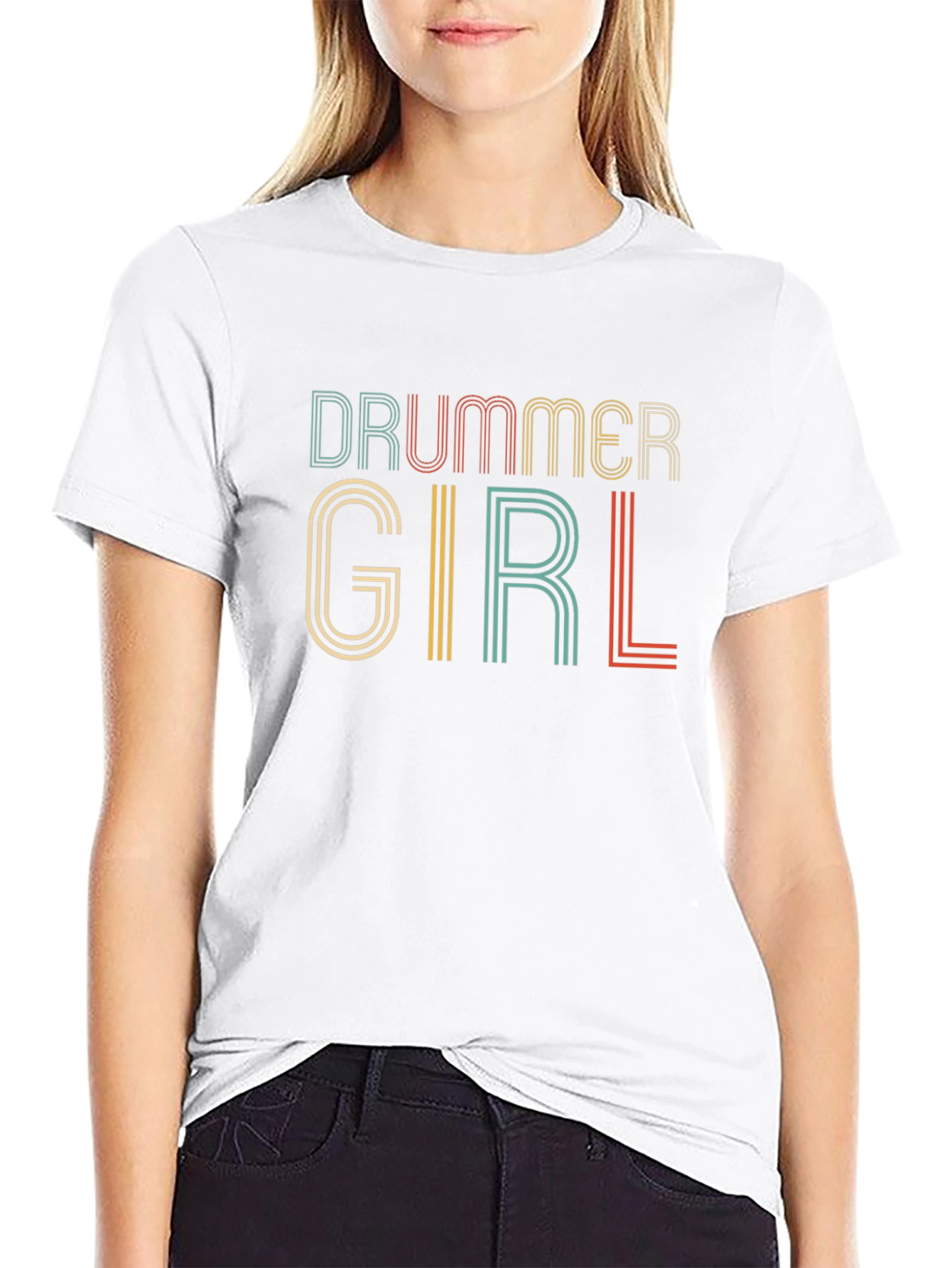 Drummer Girl Retro Style Black T-Shirt