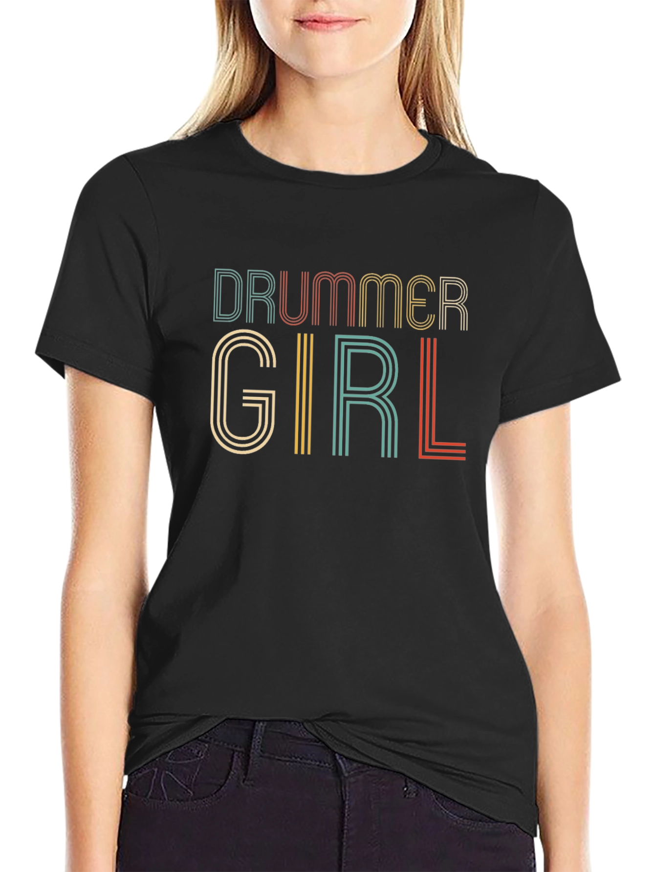 Drummer Girl Retro Style Black T-Shirt
