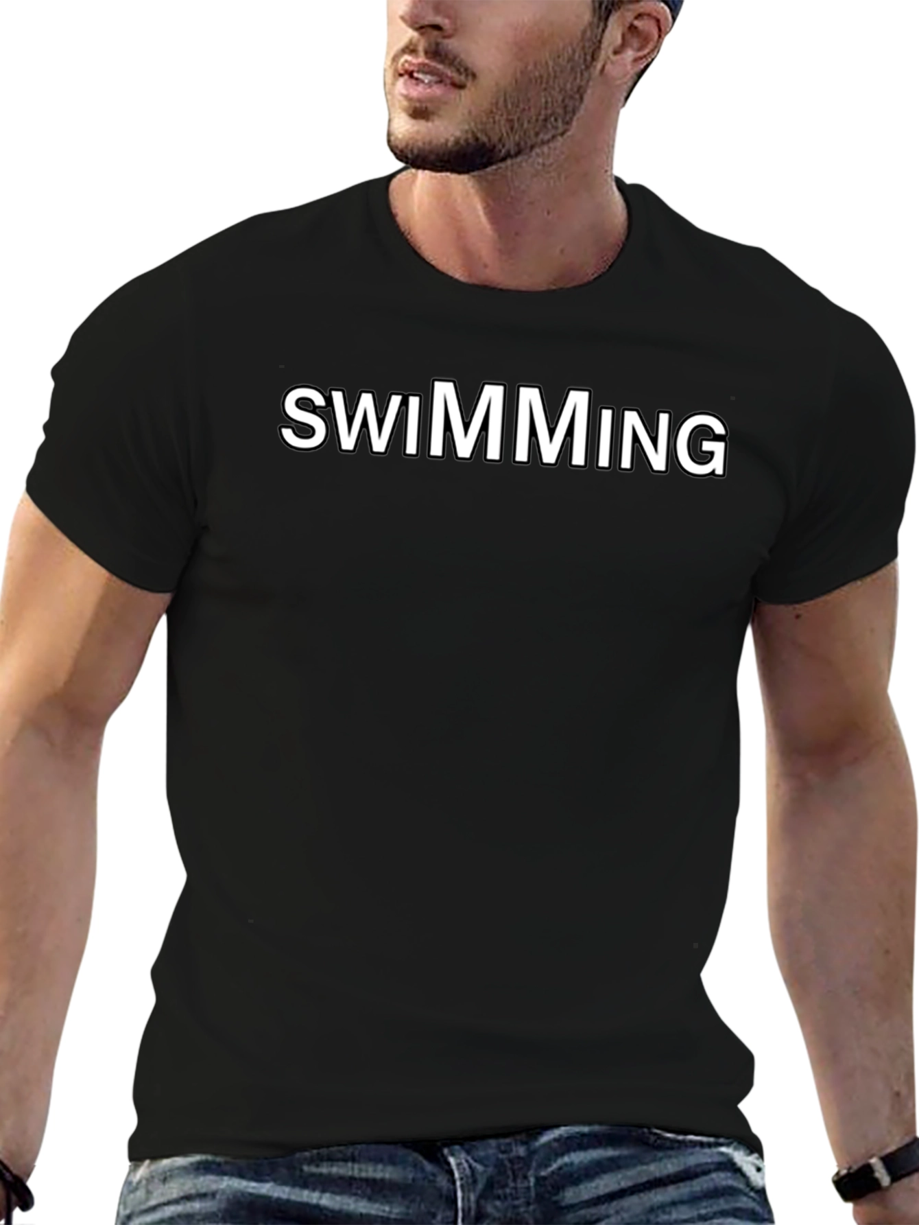 Swimming Graphic Tee - Black Cotton Blend Shirt
