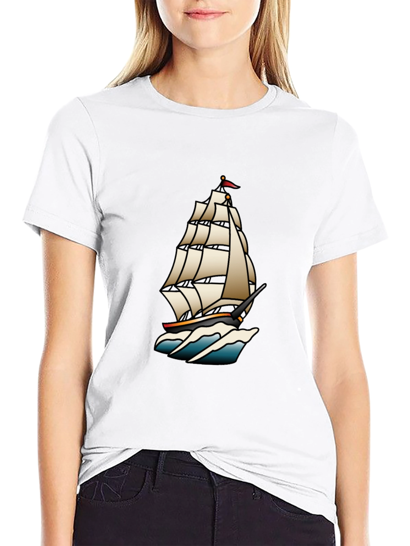 Classic Black T-Shirt with Traditional Ship Tattoo Design