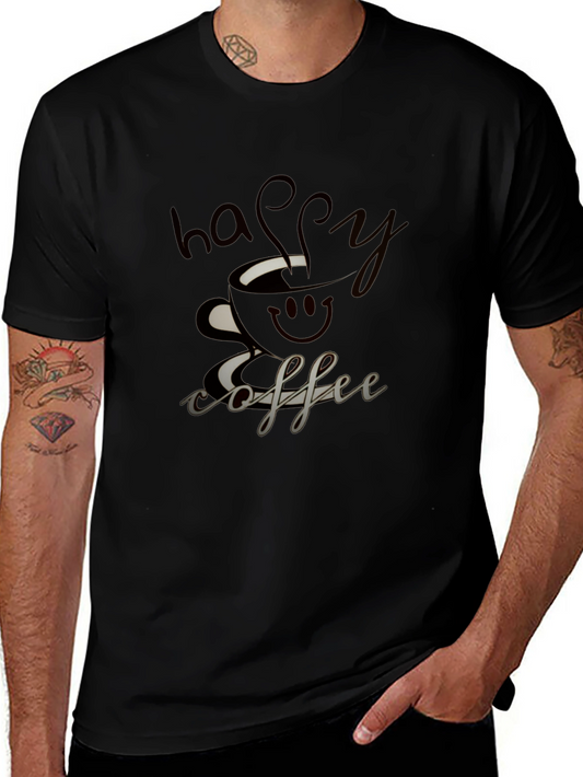 Happy Coffee Graphic Tee - Soft Black Cotton Casual Top