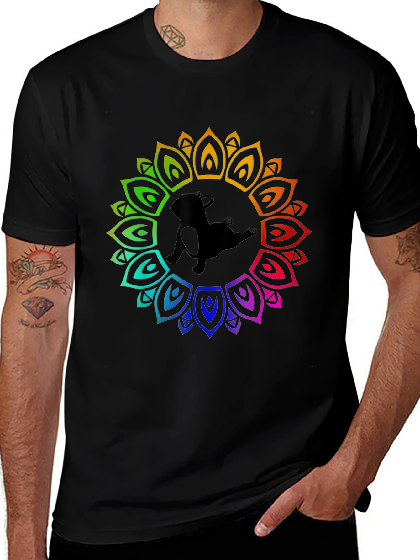 Rainbow Mandala Dog Graphic Black T-Shirt